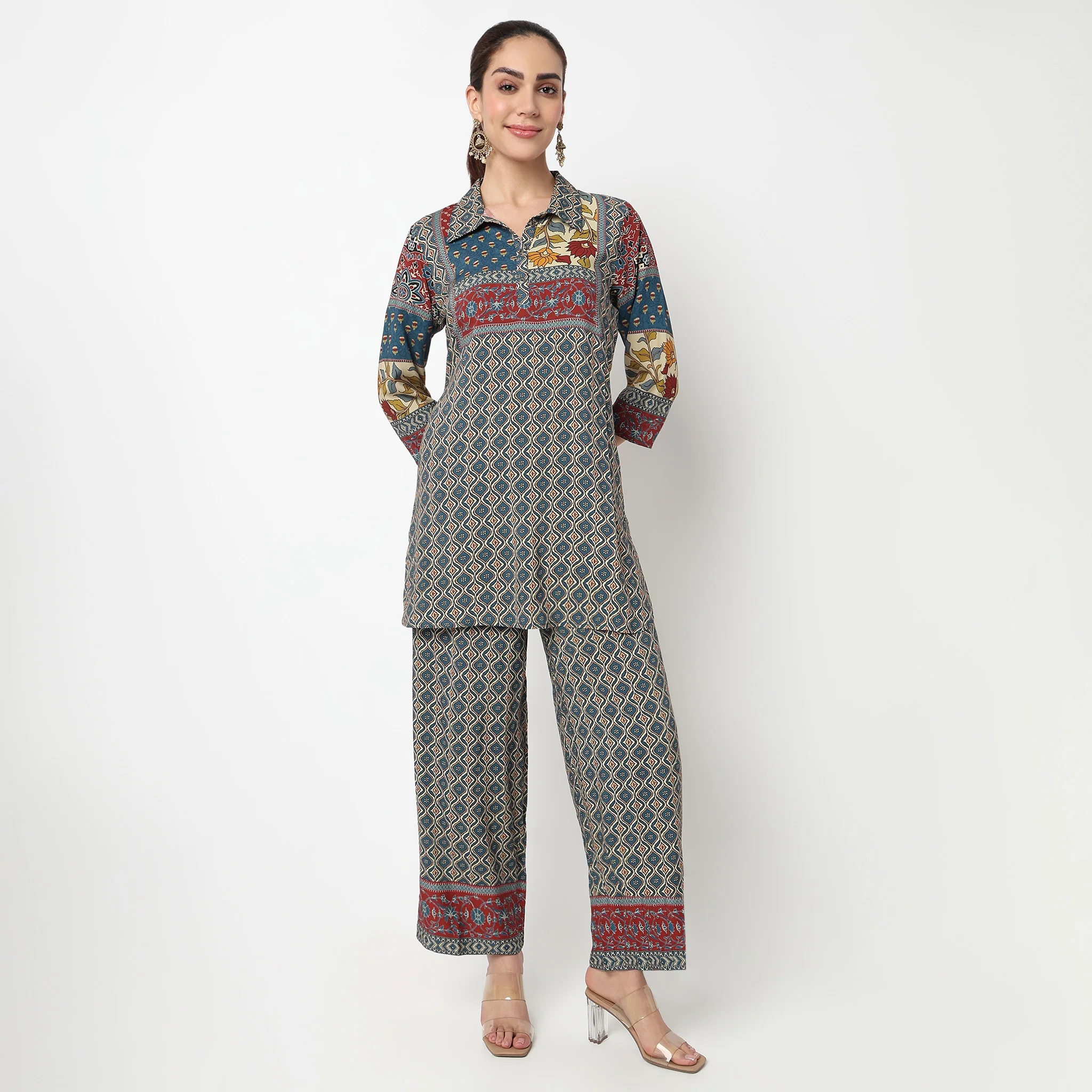 Printed Collar Kurta with Pant Set - Image 2