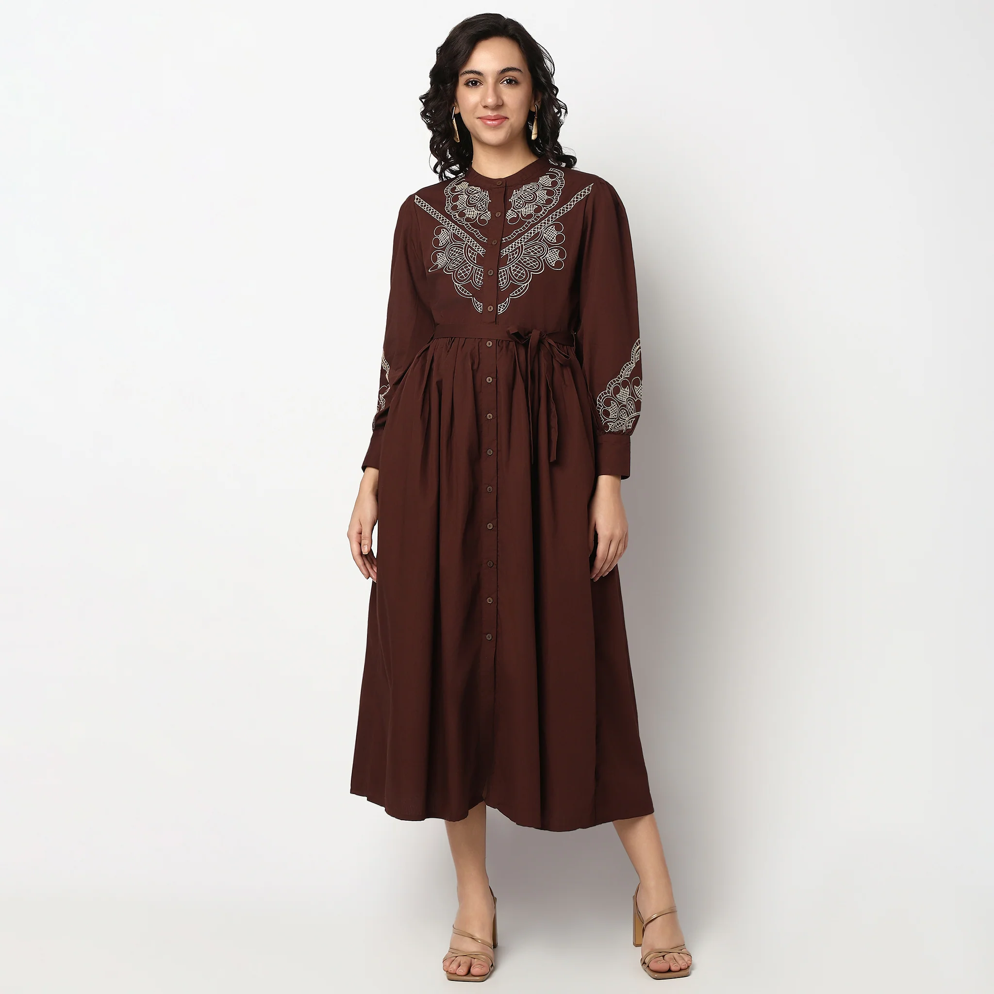 Printed Cotton Band Collar Flared Dress - Image 2