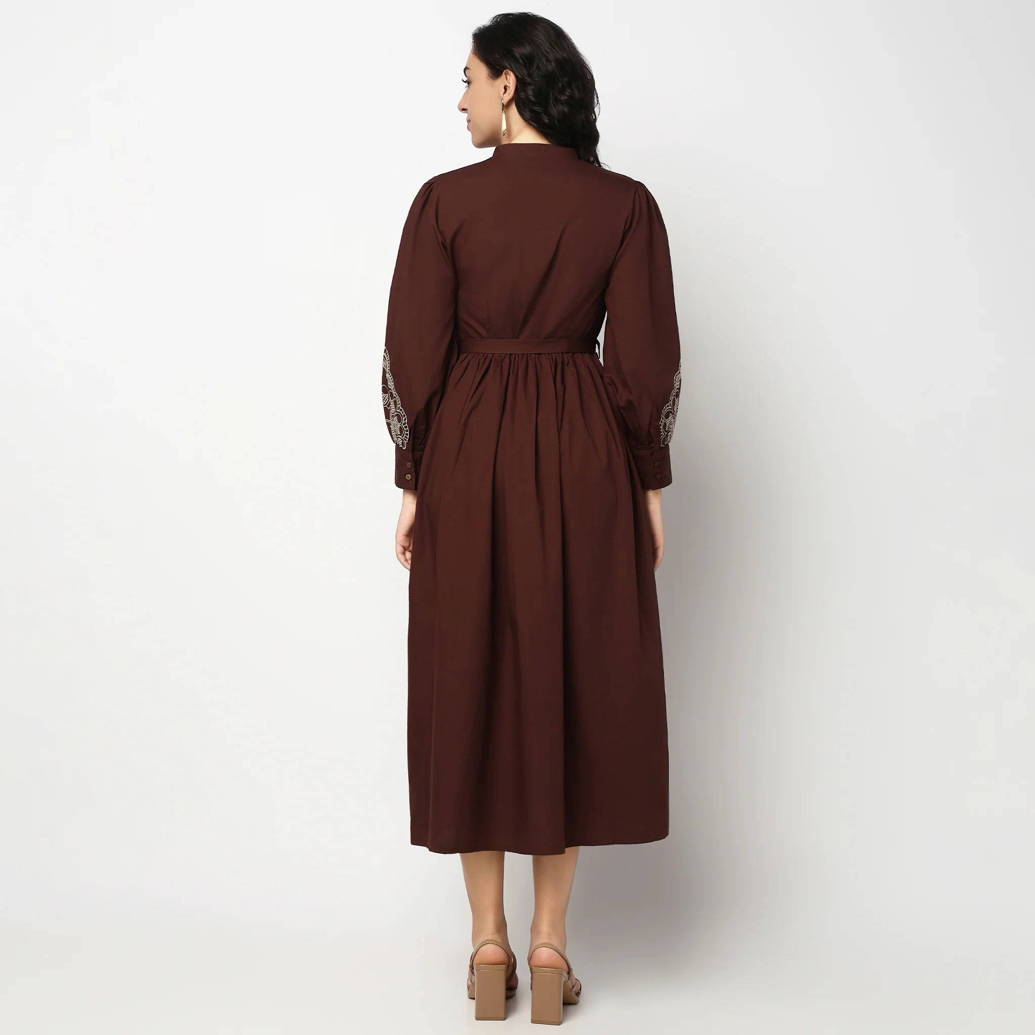 Printed Cotton Band Collar Flared Dress - Image 3