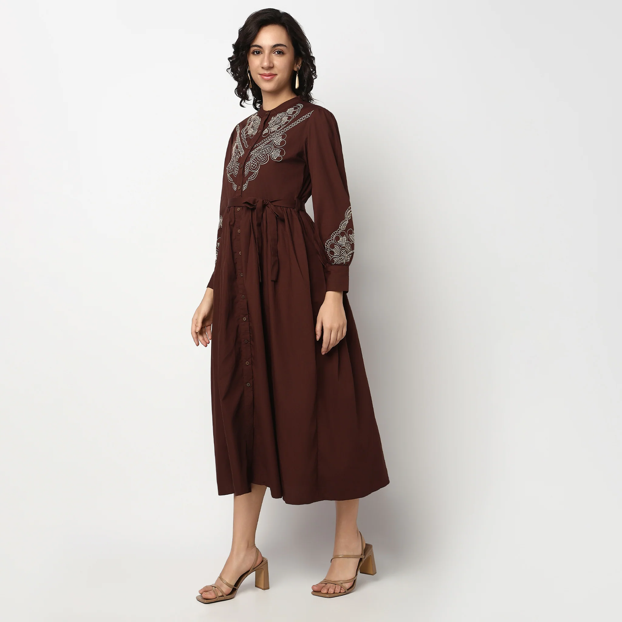 Printed Cotton Band Collar Flared Dress - Image 4
