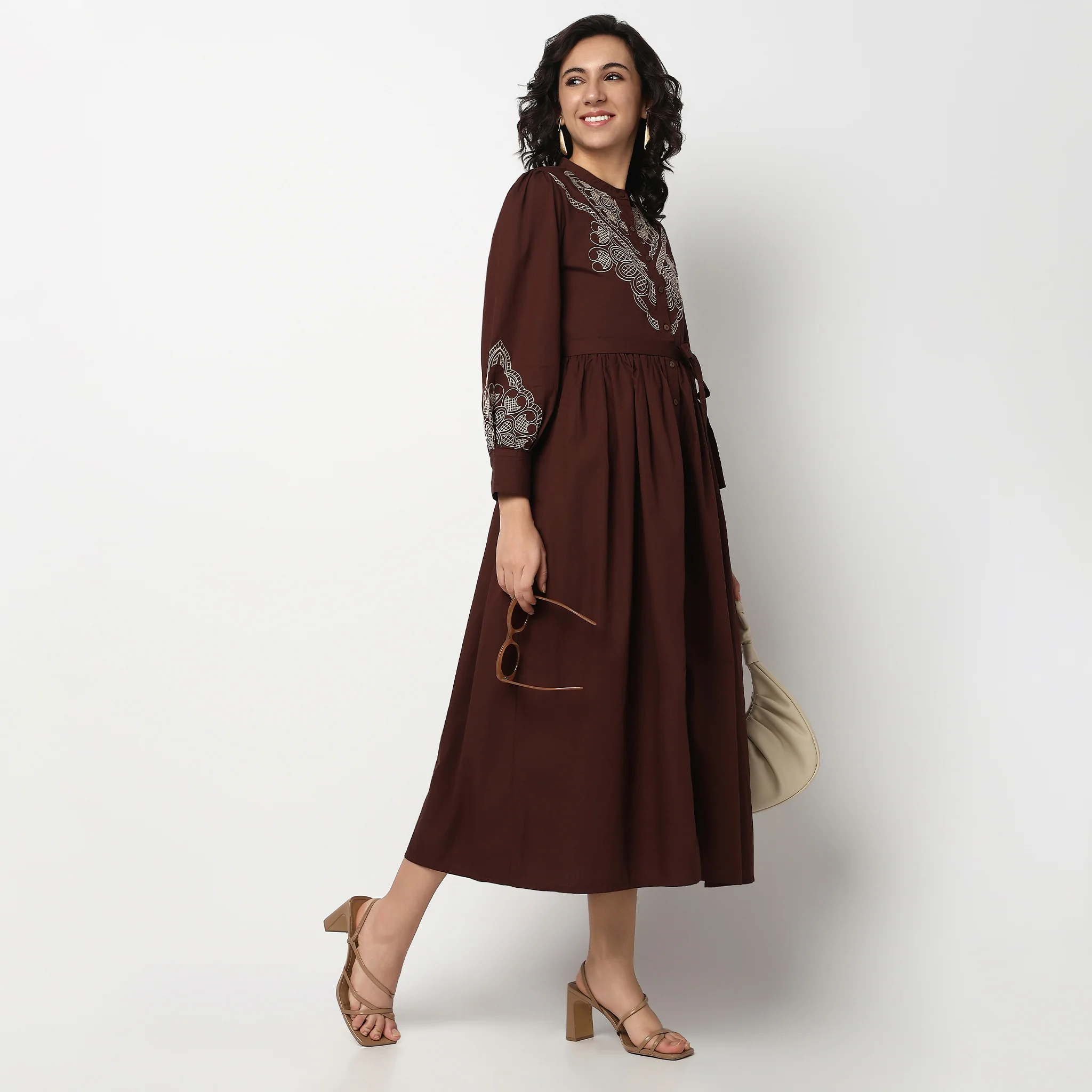 Printed Cotton Band Collar Flared Dress - Image 5