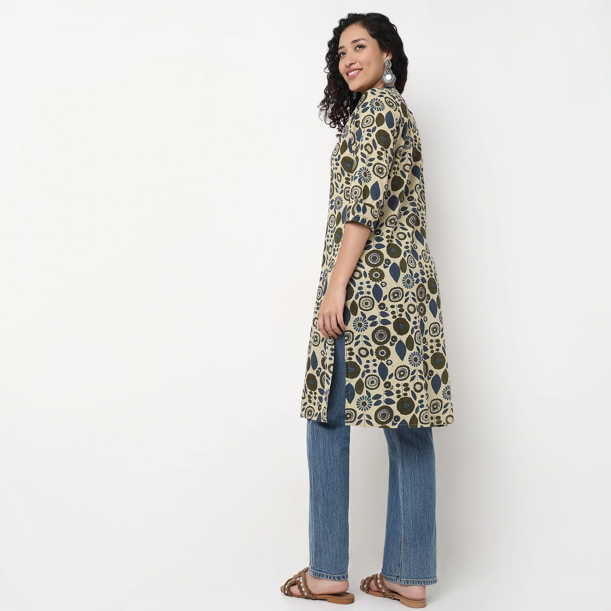 Printed Cotton Half Placket Kurta - Image 3
