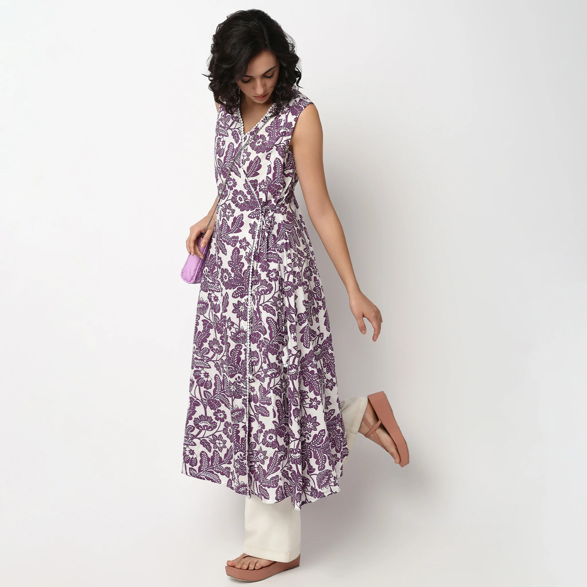 Printed Cotton V Neck Flared Kurta
