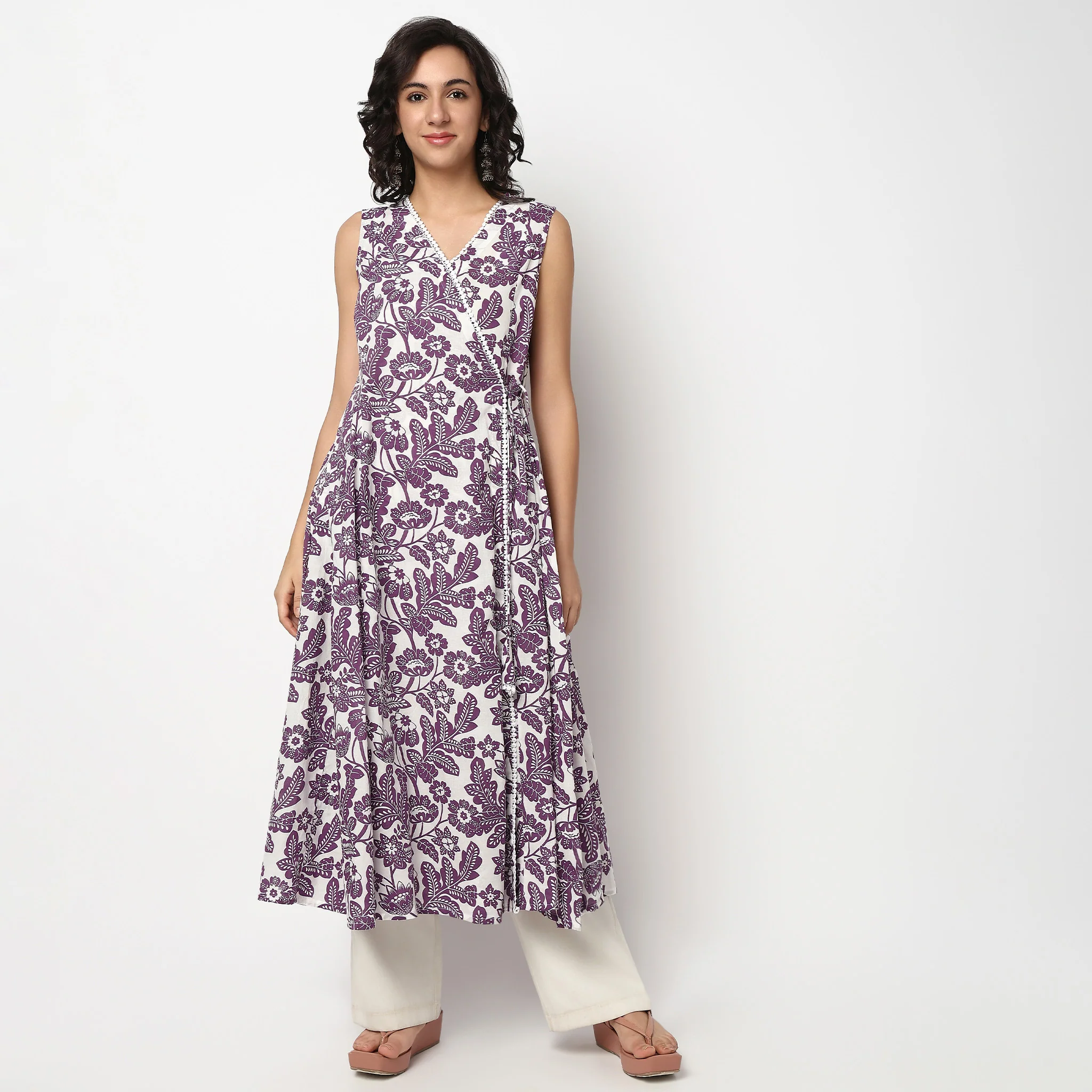 Printed Cotton V Neck Flared Kurta - Image 2