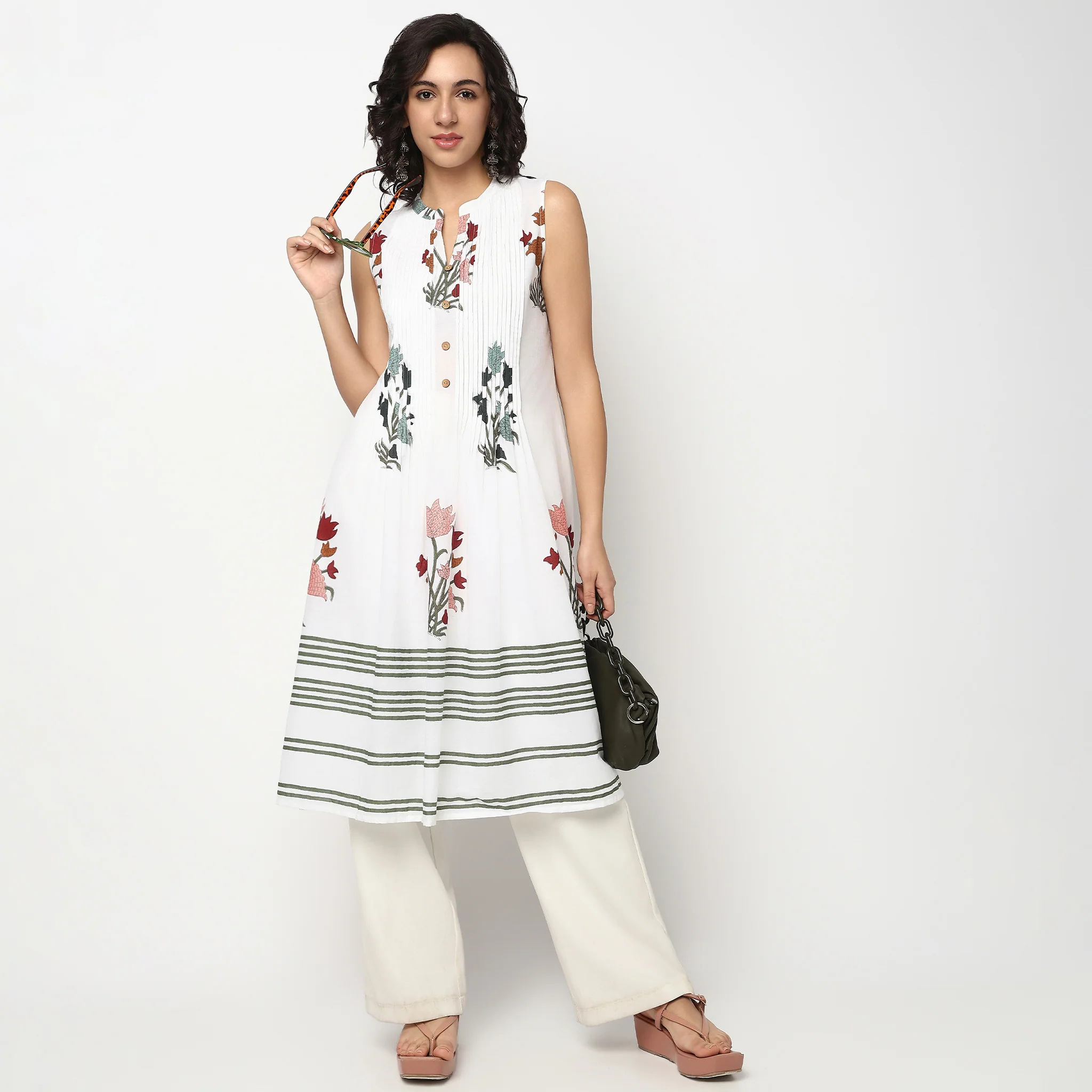 Printed Band Neck Cotton Kurta