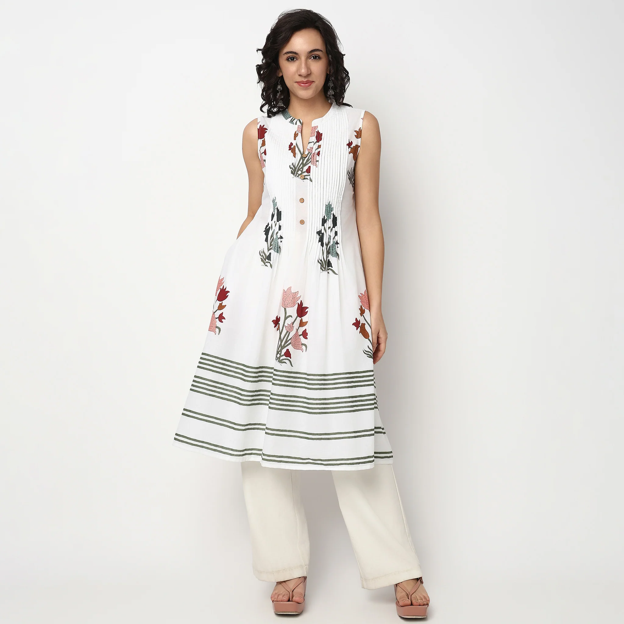 Printed Band Neck Cotton Kurta - Image 2