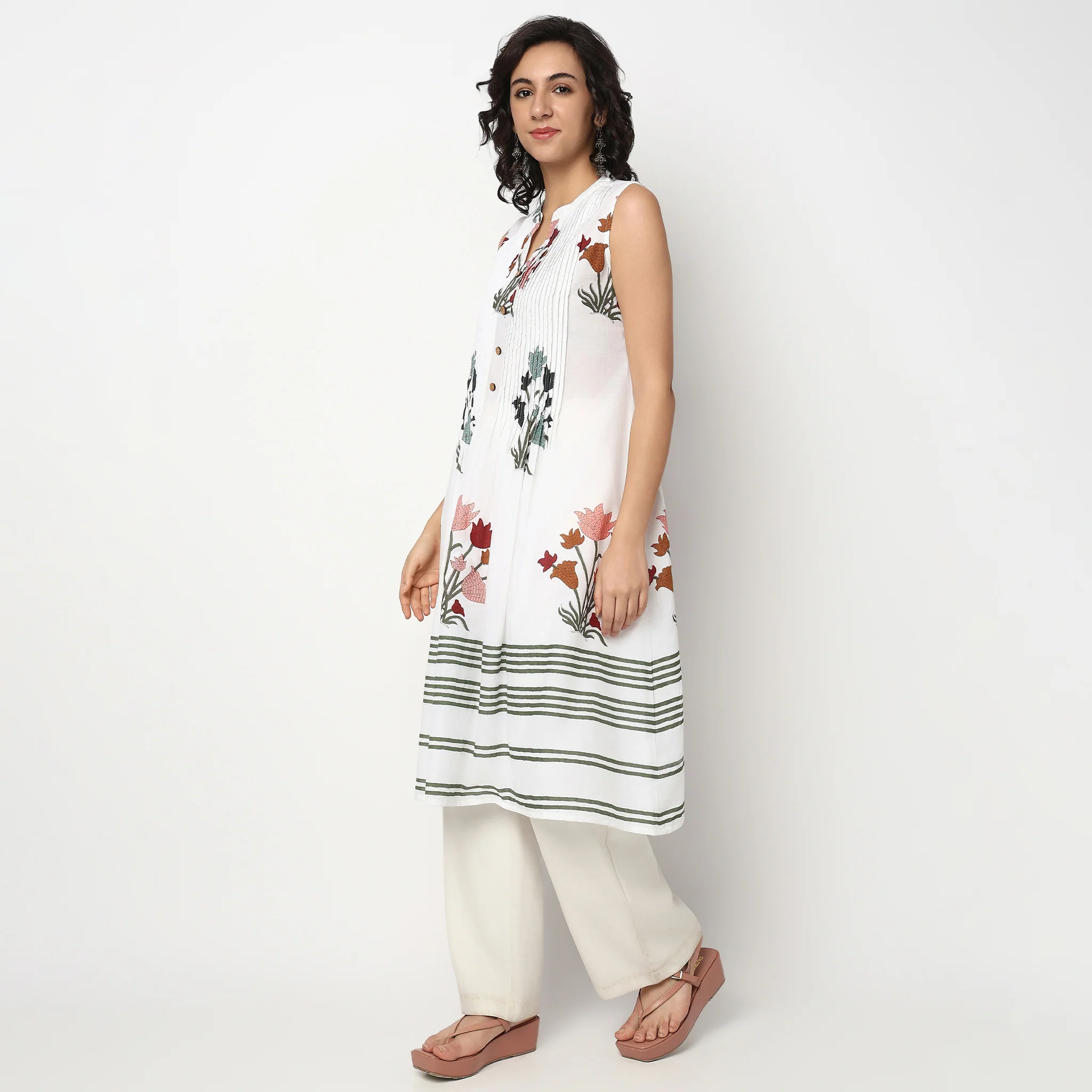 Printed Band Neck Cotton Kurta - Image 5