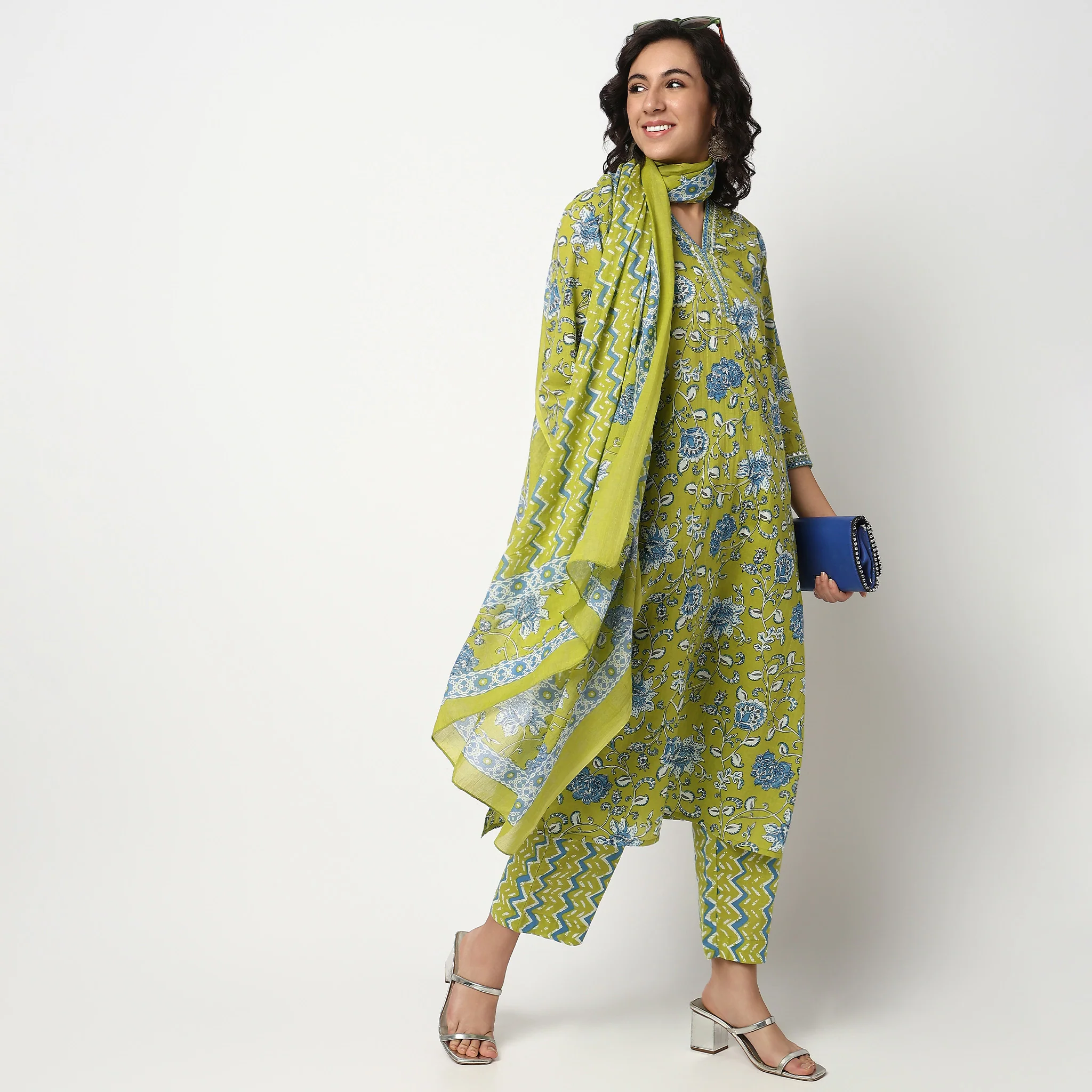 Printed V Neck Flared Cotton Kurta with Pant Set