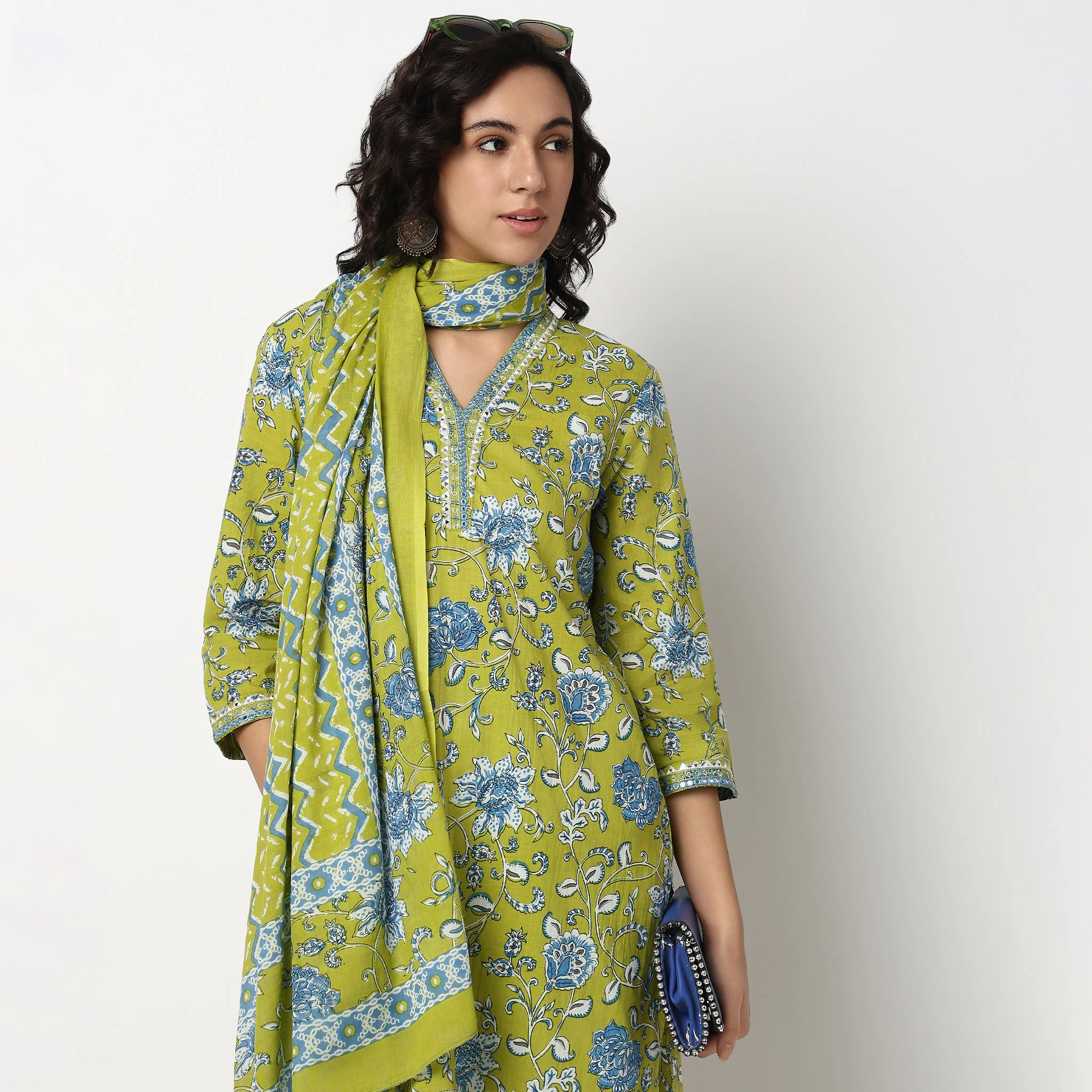 Printed V Neck Flared Cotton Kurta with Pant Set - Image 4