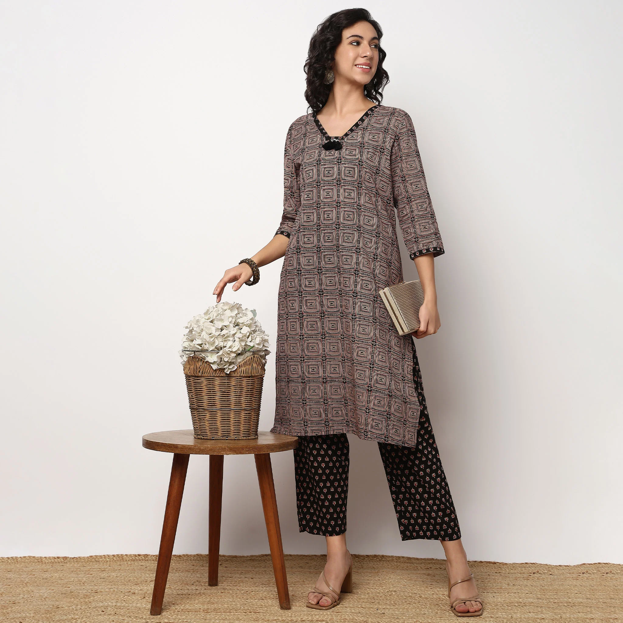 Printed Cotton V Neck Kurta Set