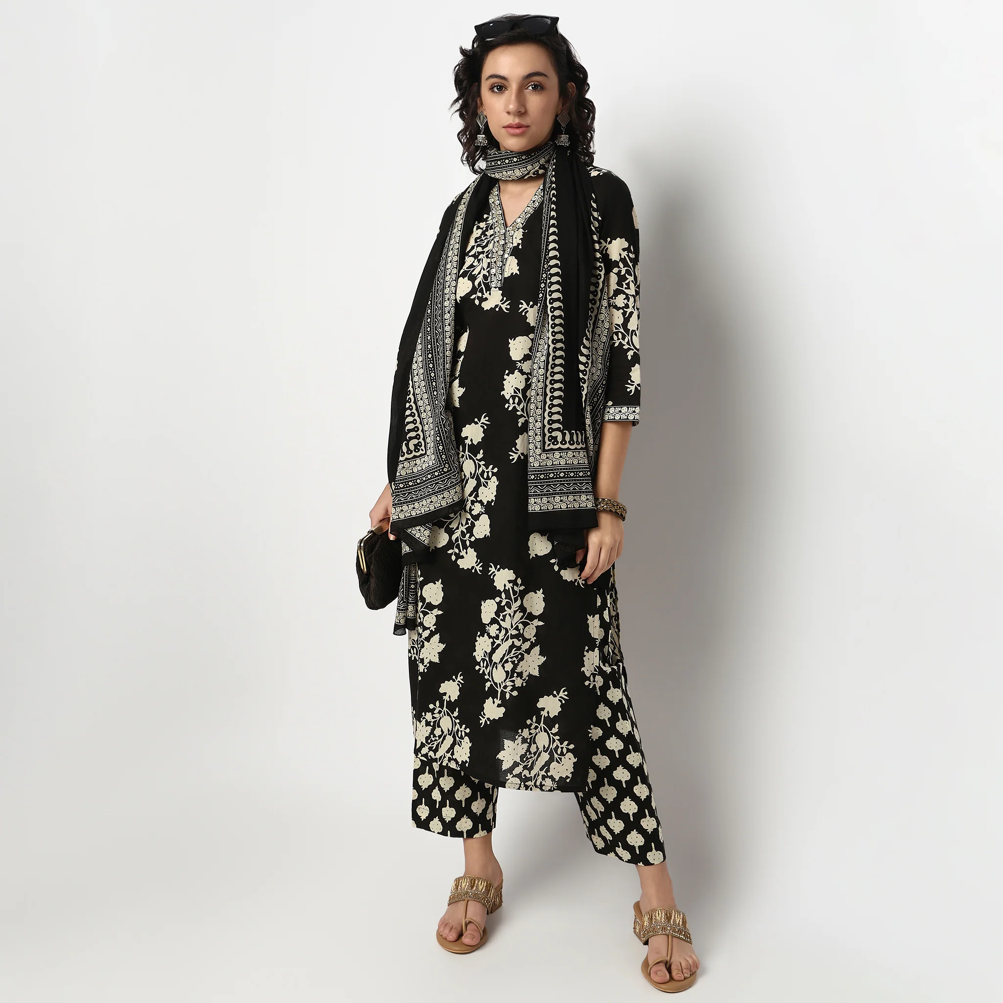 Printed Cotton V Neck Kurta Set with Dupatta