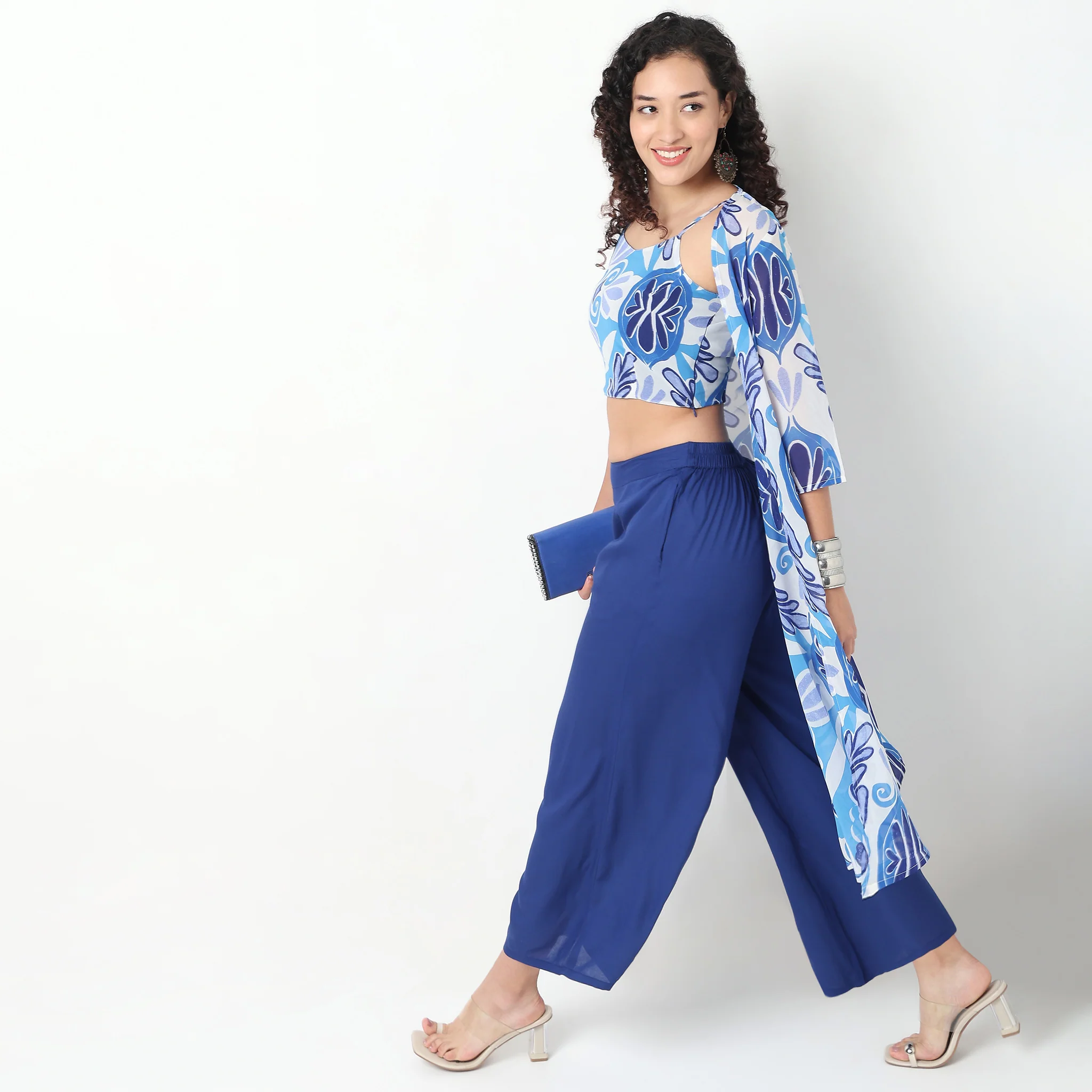 Printed Crop Top with Palazzo with Shrug Set