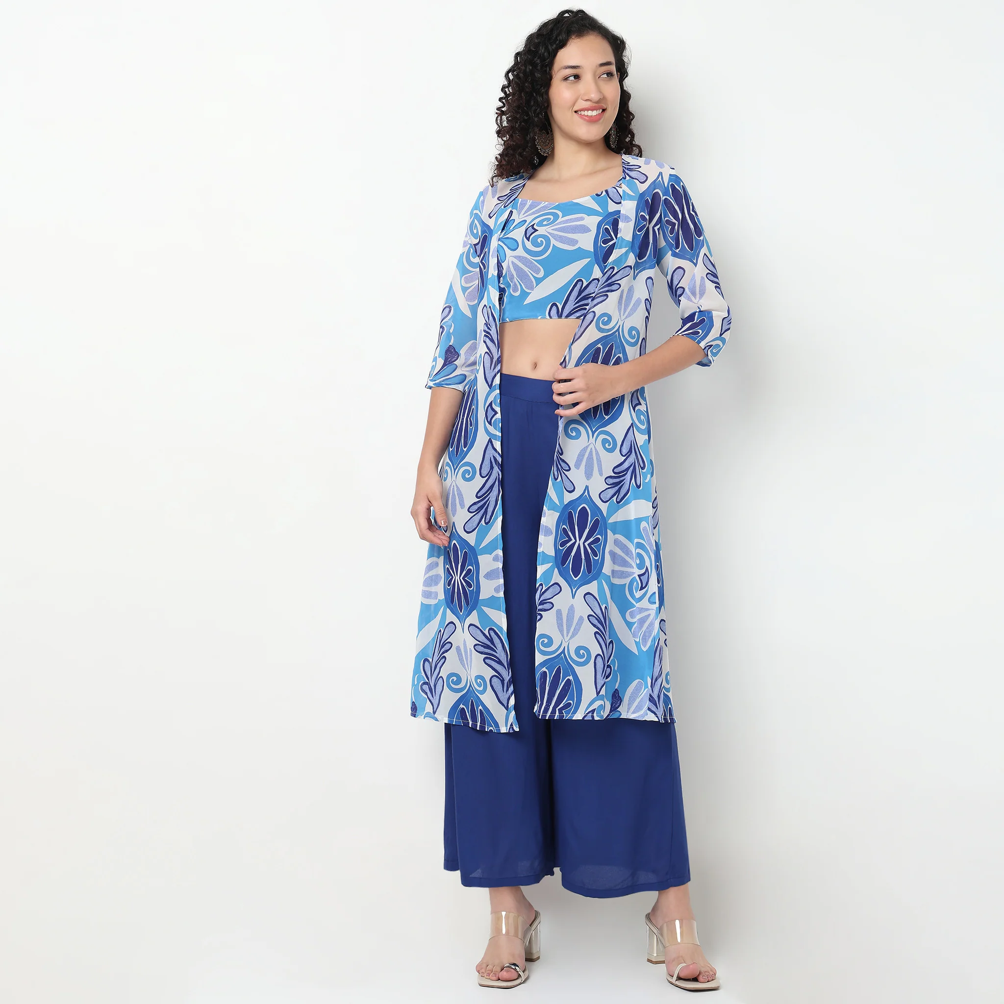 Printed Crop Top with Palazzo with Shrug Set - Image 2