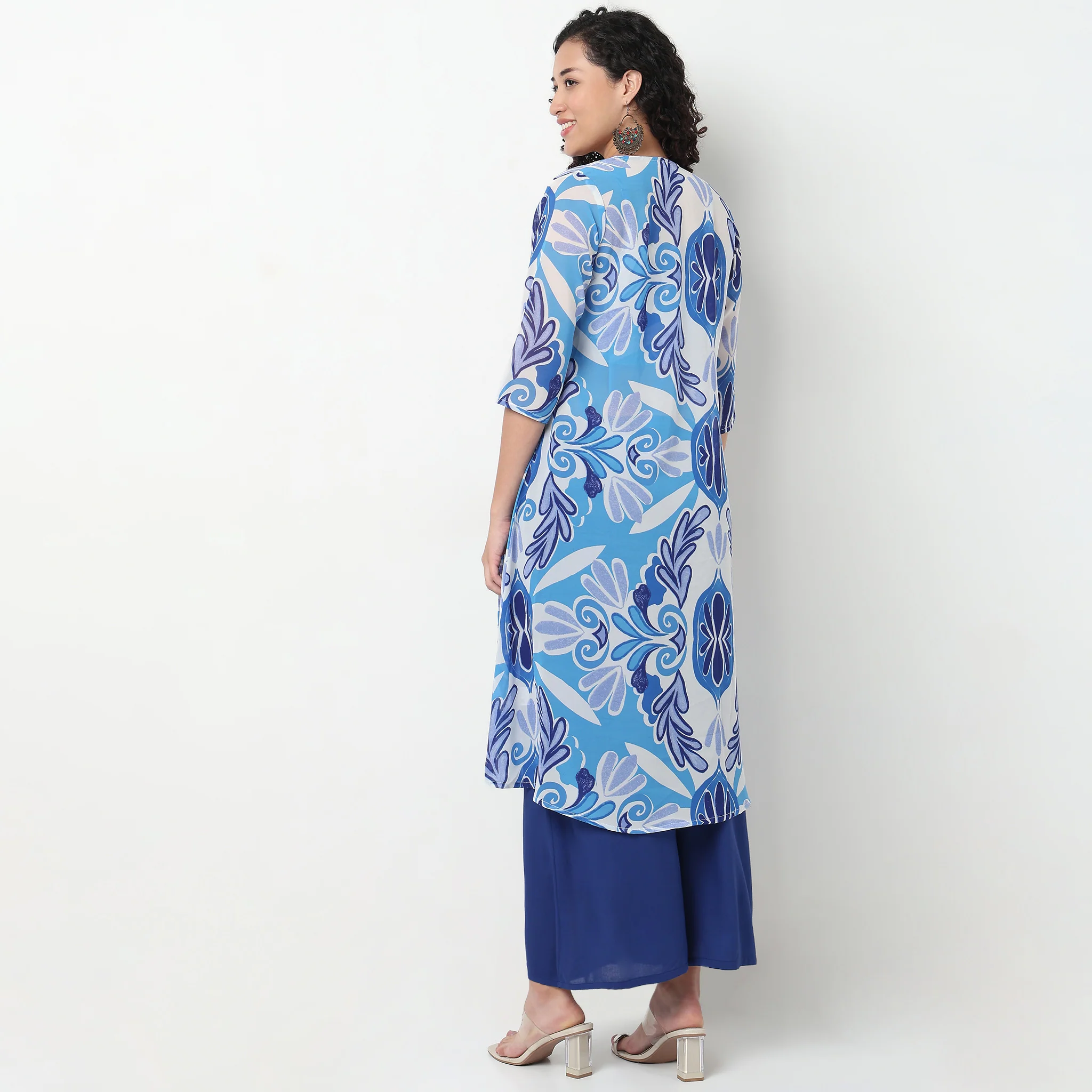 Printed Crop Top with Palazzo with Shrug Set - Image 3
