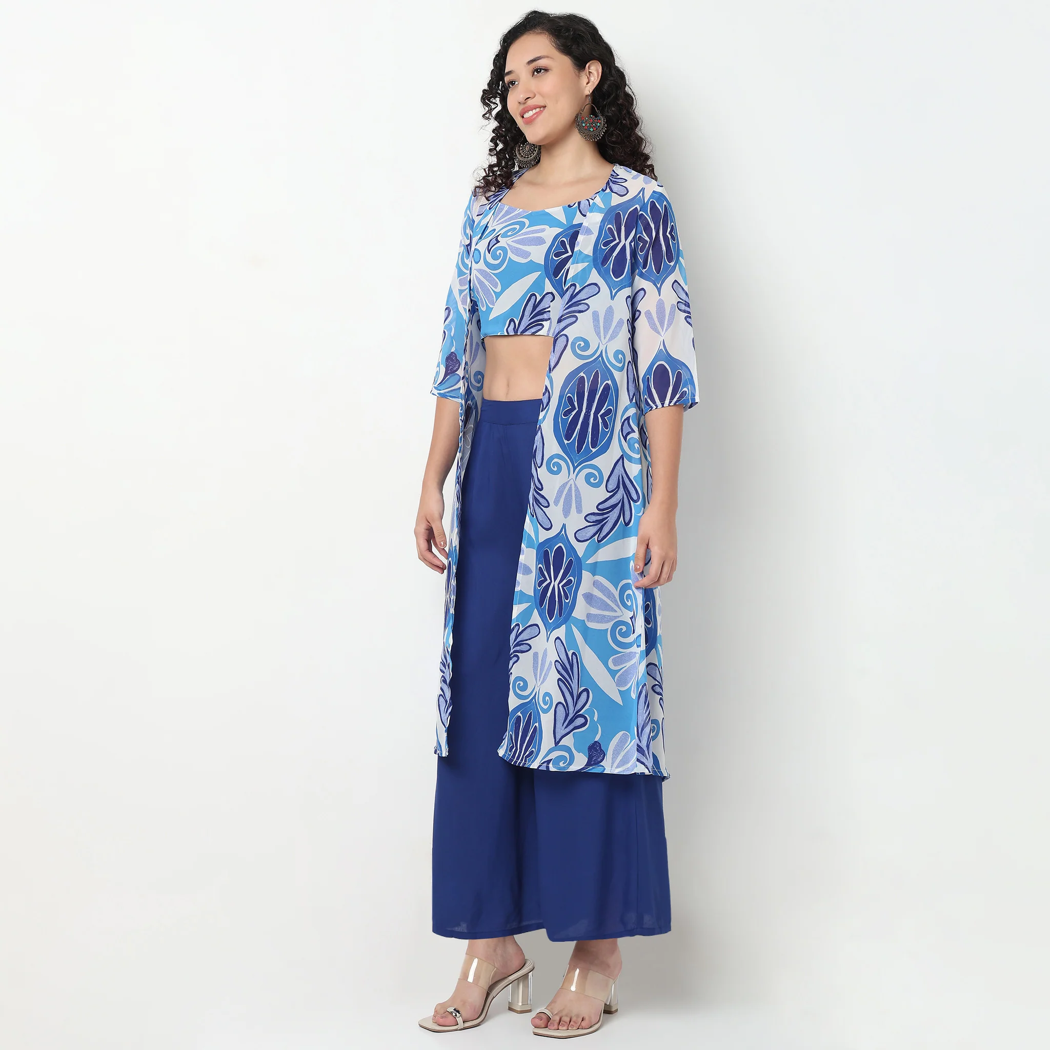 Printed Crop Top with Palazzo with Shrug Set - Image 5