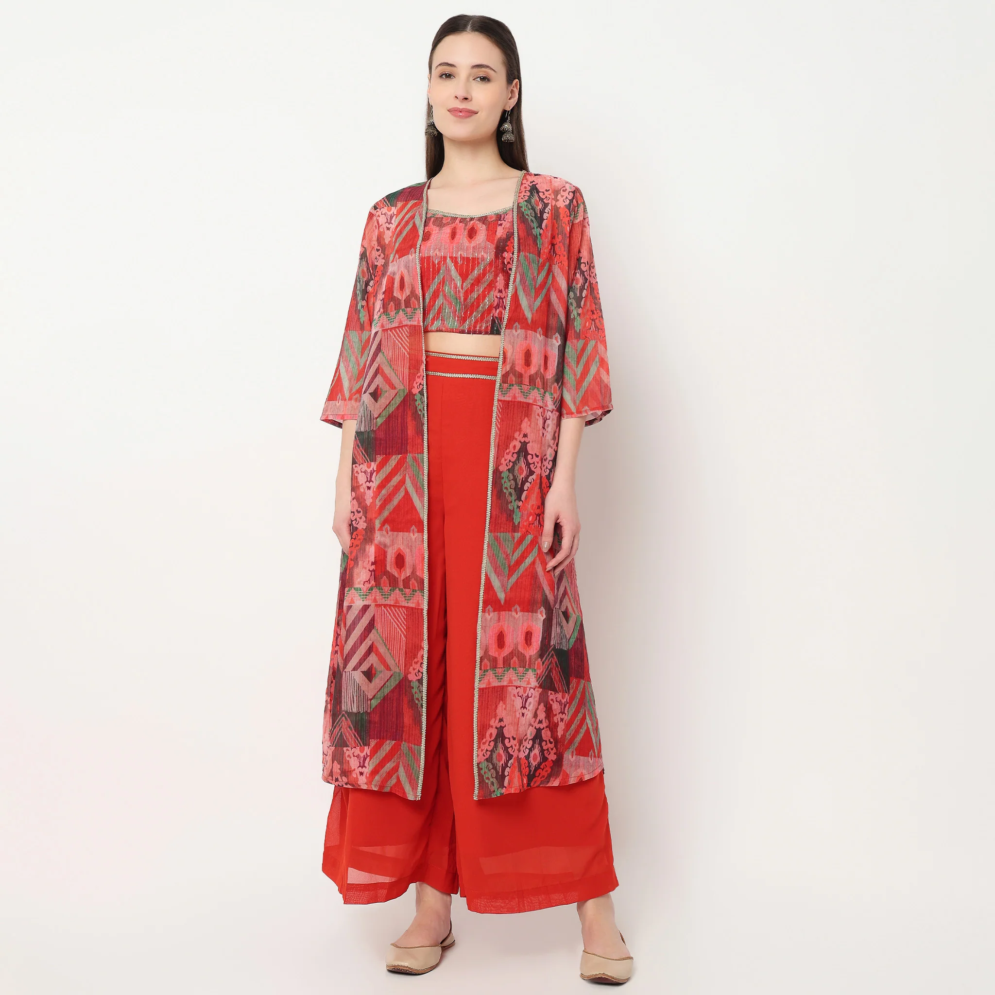 Printed Crop Top with Palazzo with Shrug Set - Image 2
