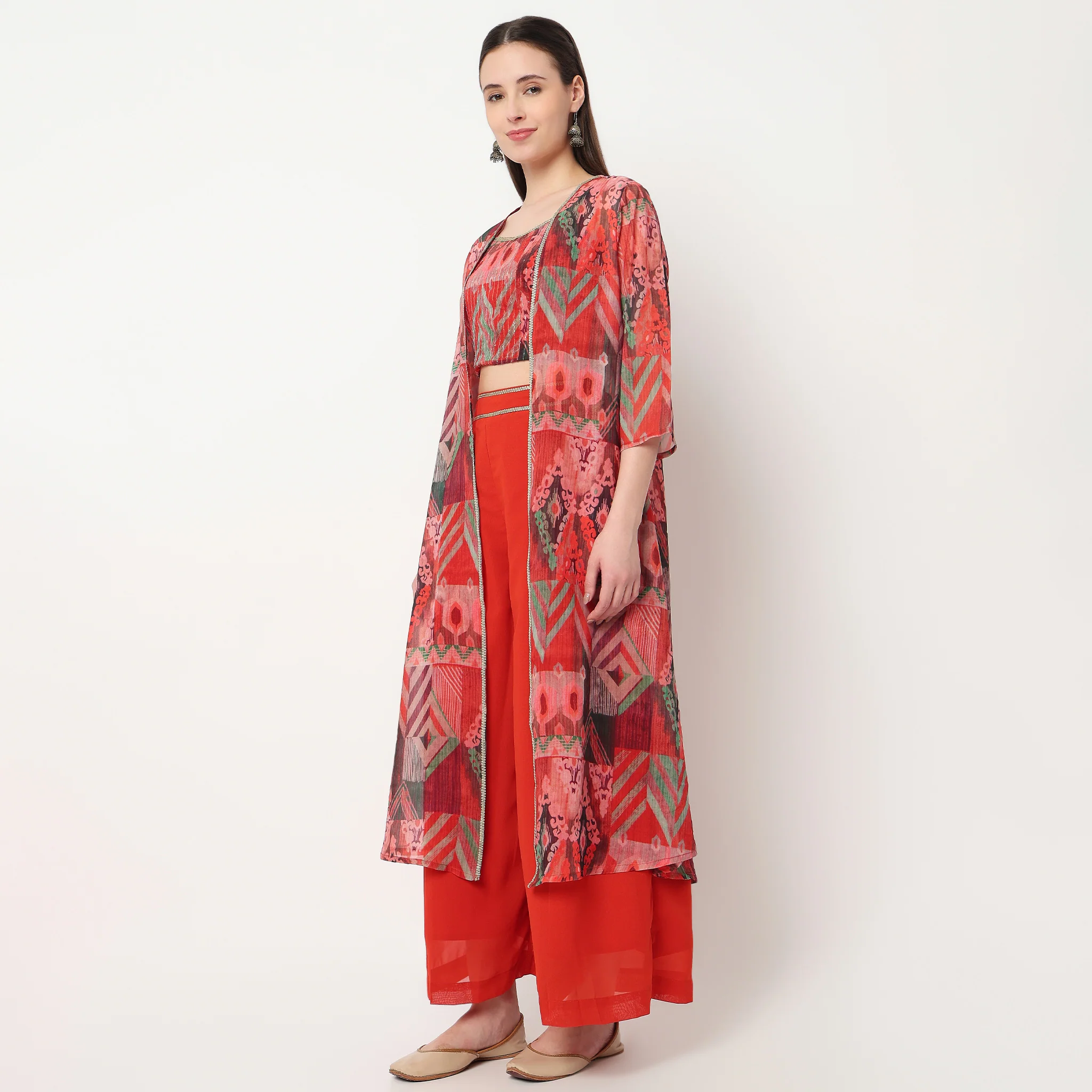 Printed Crop Top with Palazzo with Shrug Set - Image 5