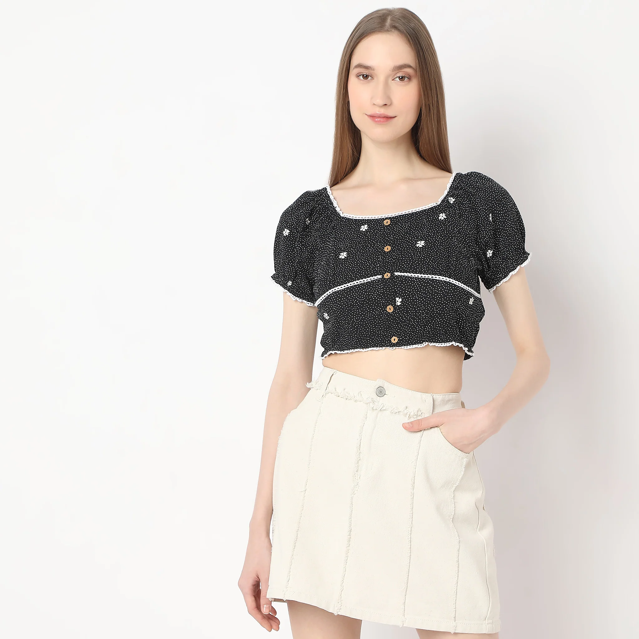 Printed Cropped Puff Sleeve Smock Crop Top - Image 2