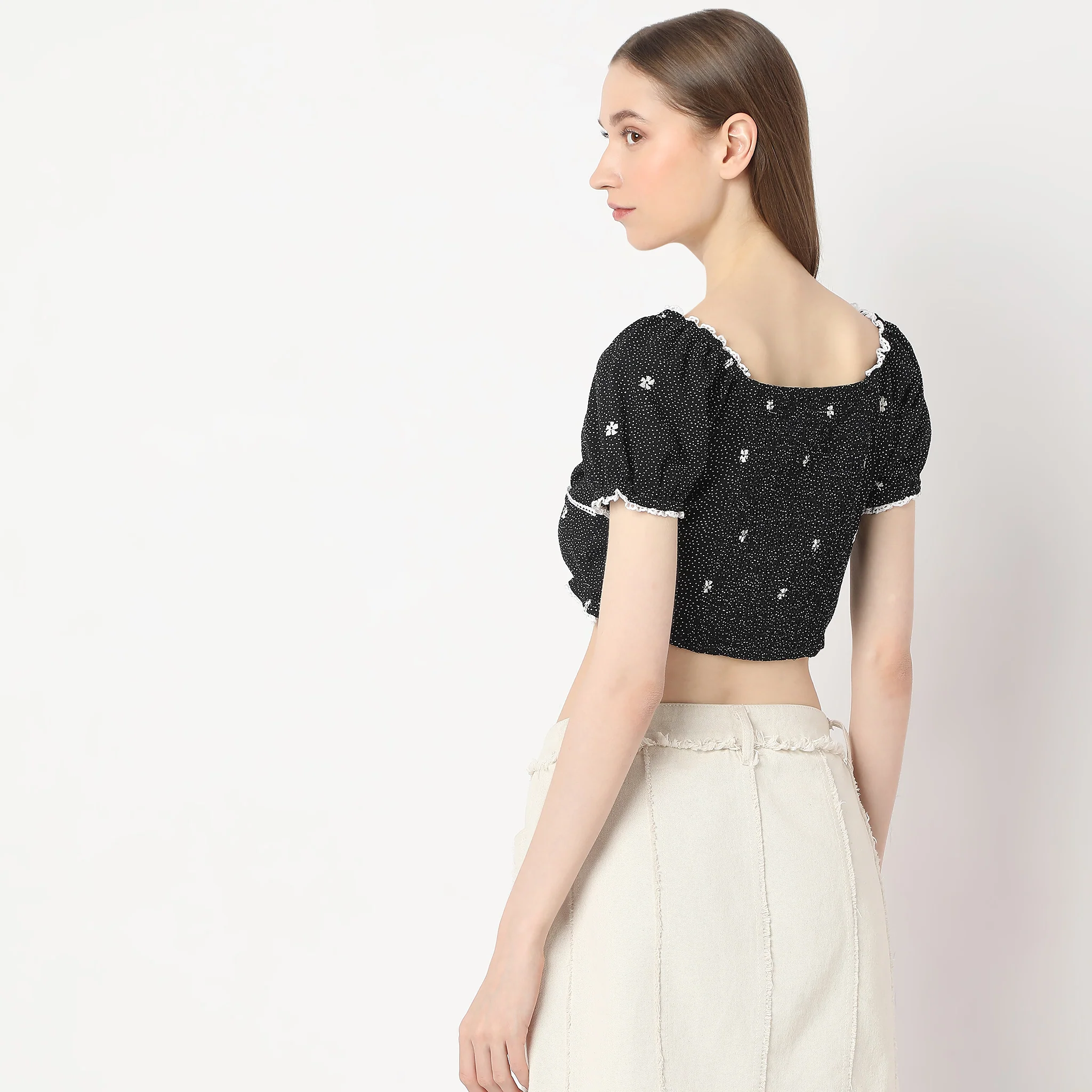 Printed Cropped Puff Sleeve Smock Crop Top - Image 3