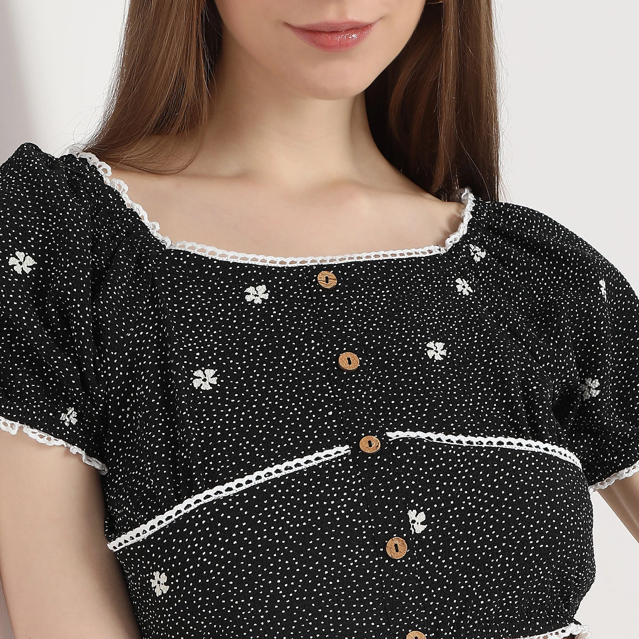 Printed Cropped Puff Sleeve Smock Crop Top - Image 4