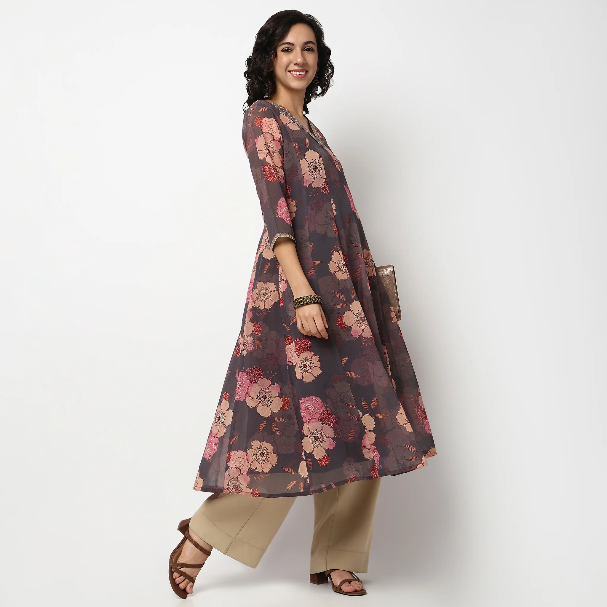 Printed V Neck Alia Cut Kurta