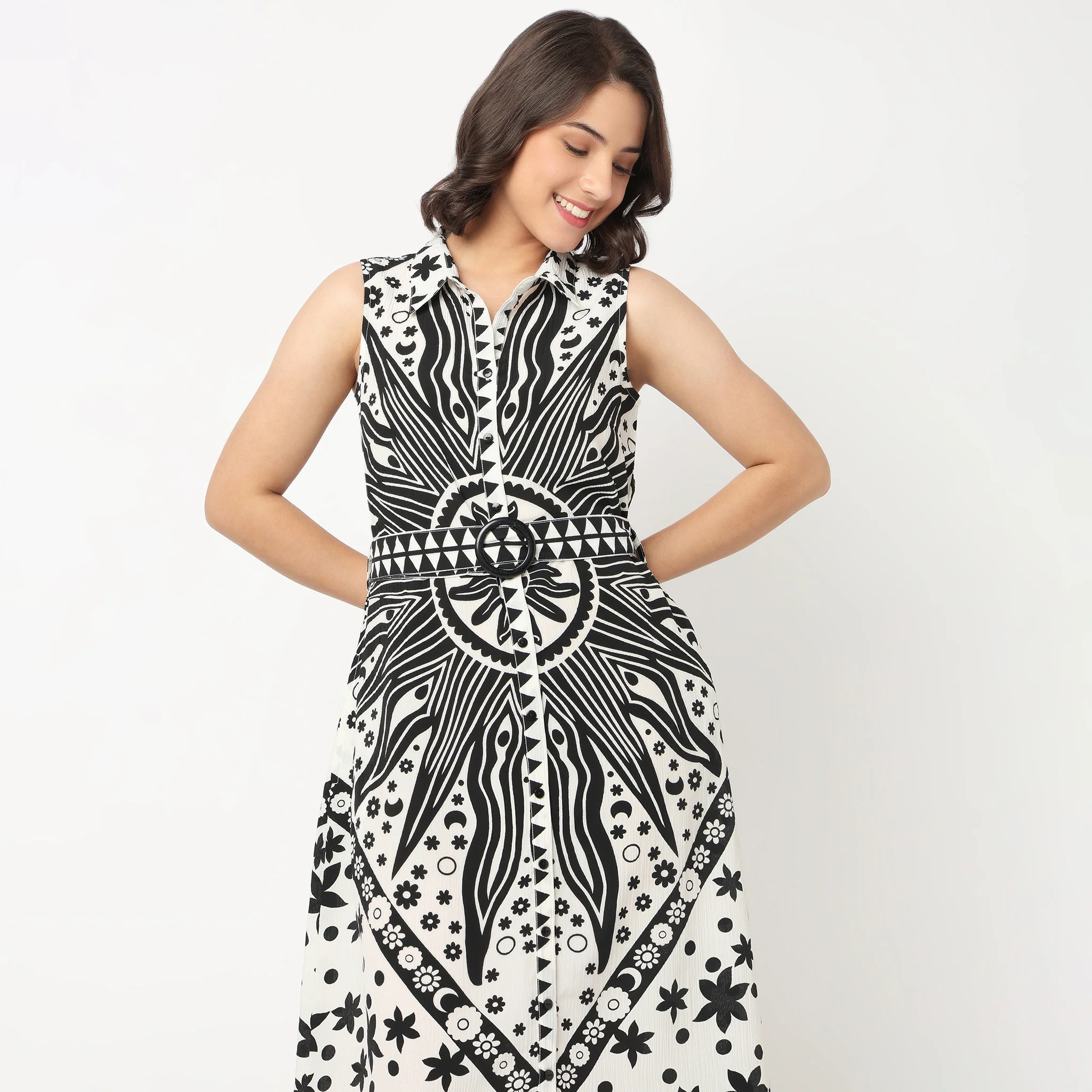Printed Flared Shirt Dress - Image 4