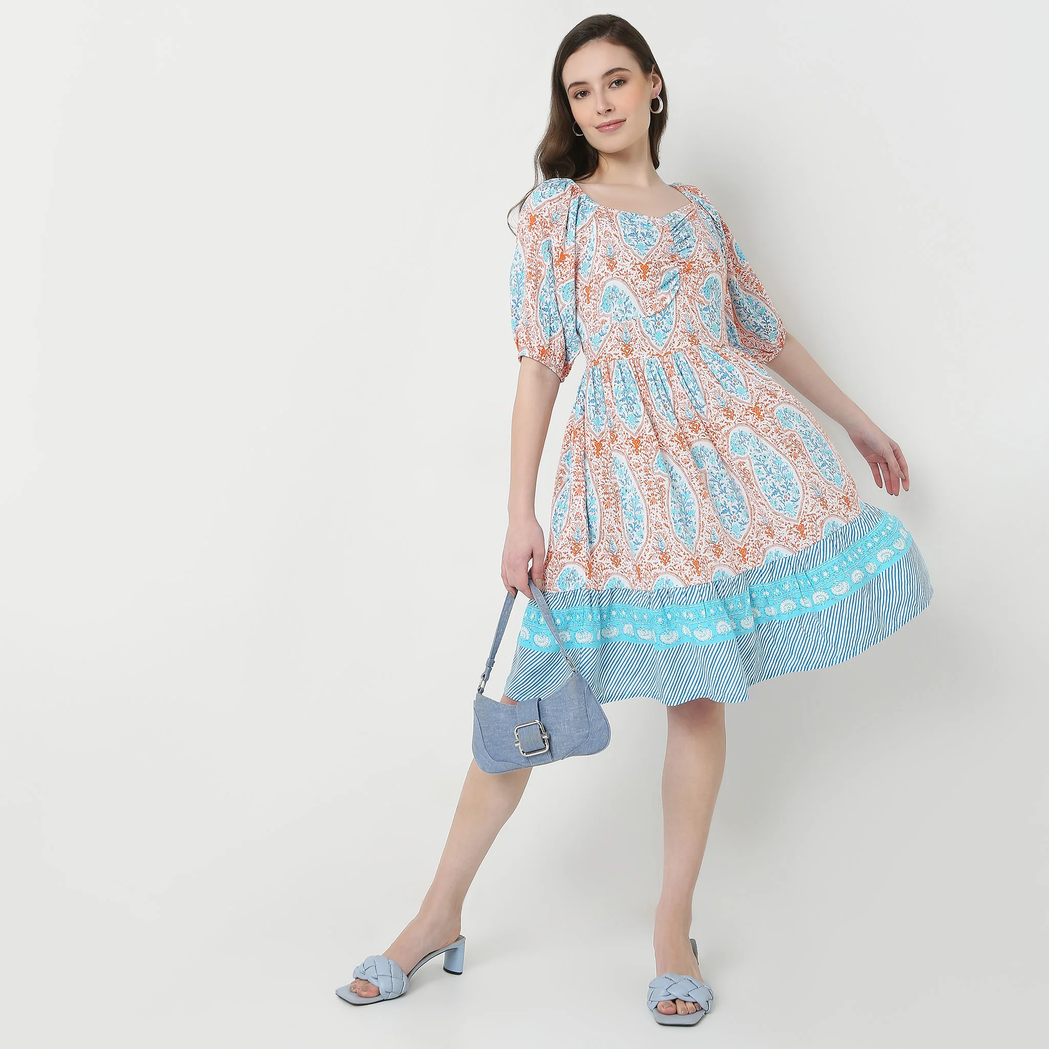 Printed Front Ruched Tiered Dress