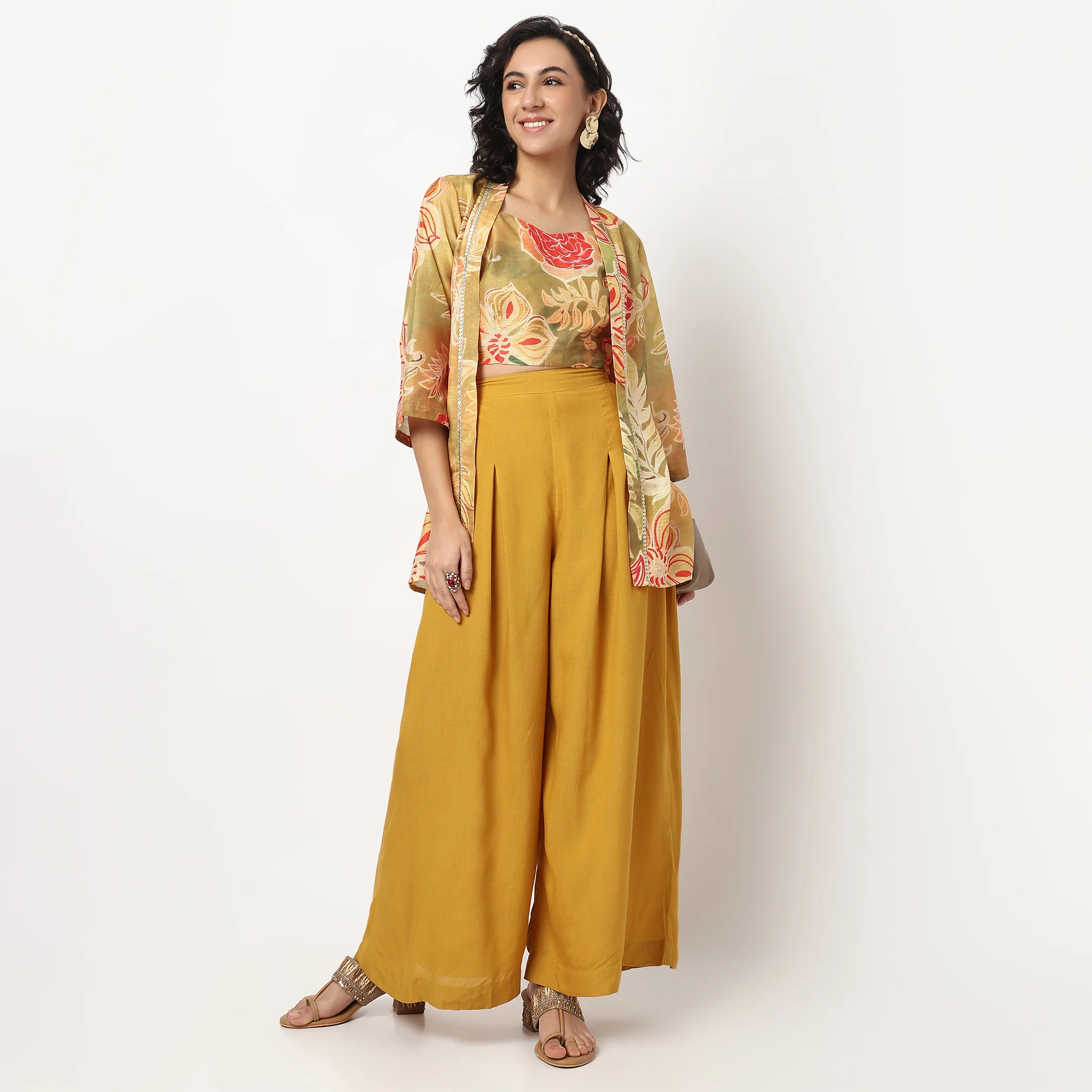 Printed High Low Shrug with Strappy Crop Top and Palazzo Set