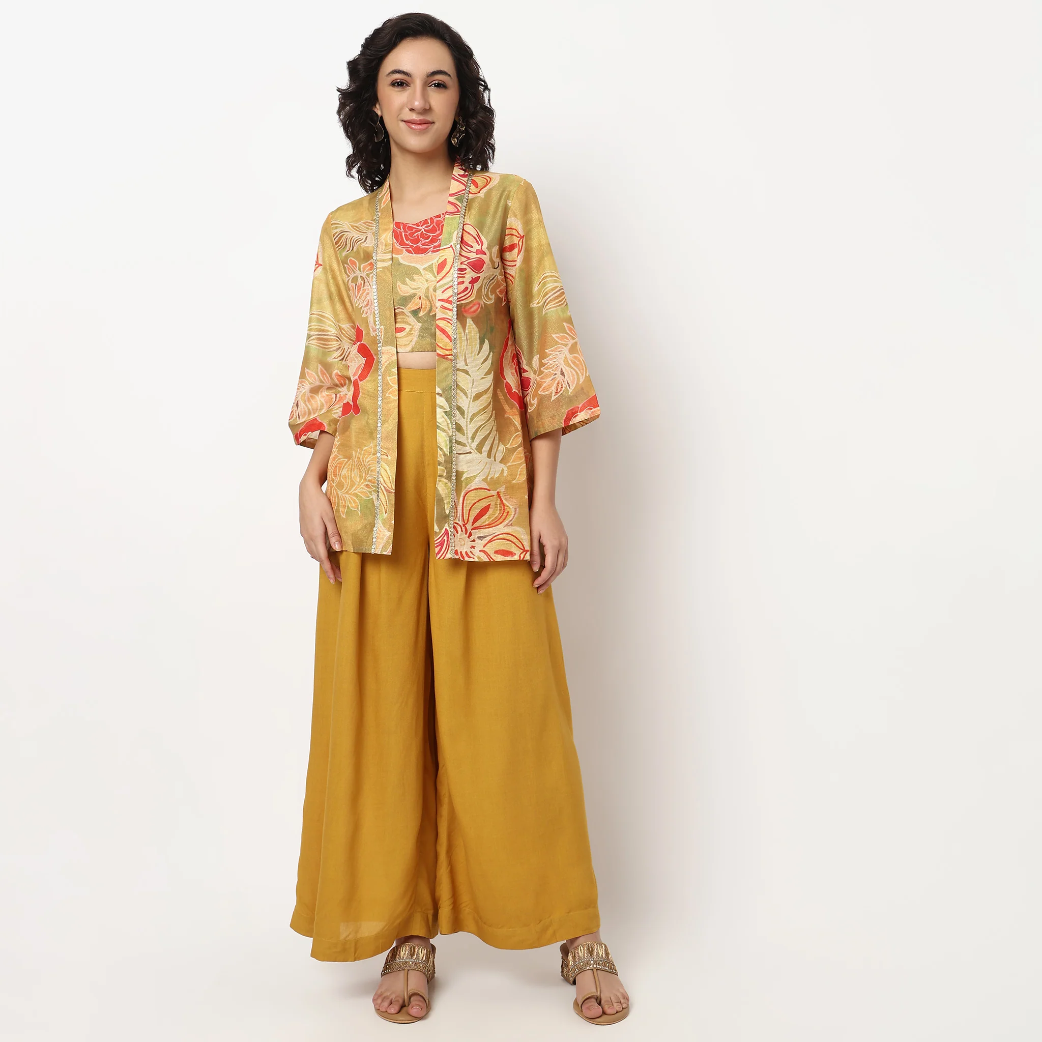 Printed High Low Shrug with Strappy Crop Top and Palazzo Set - Image 2