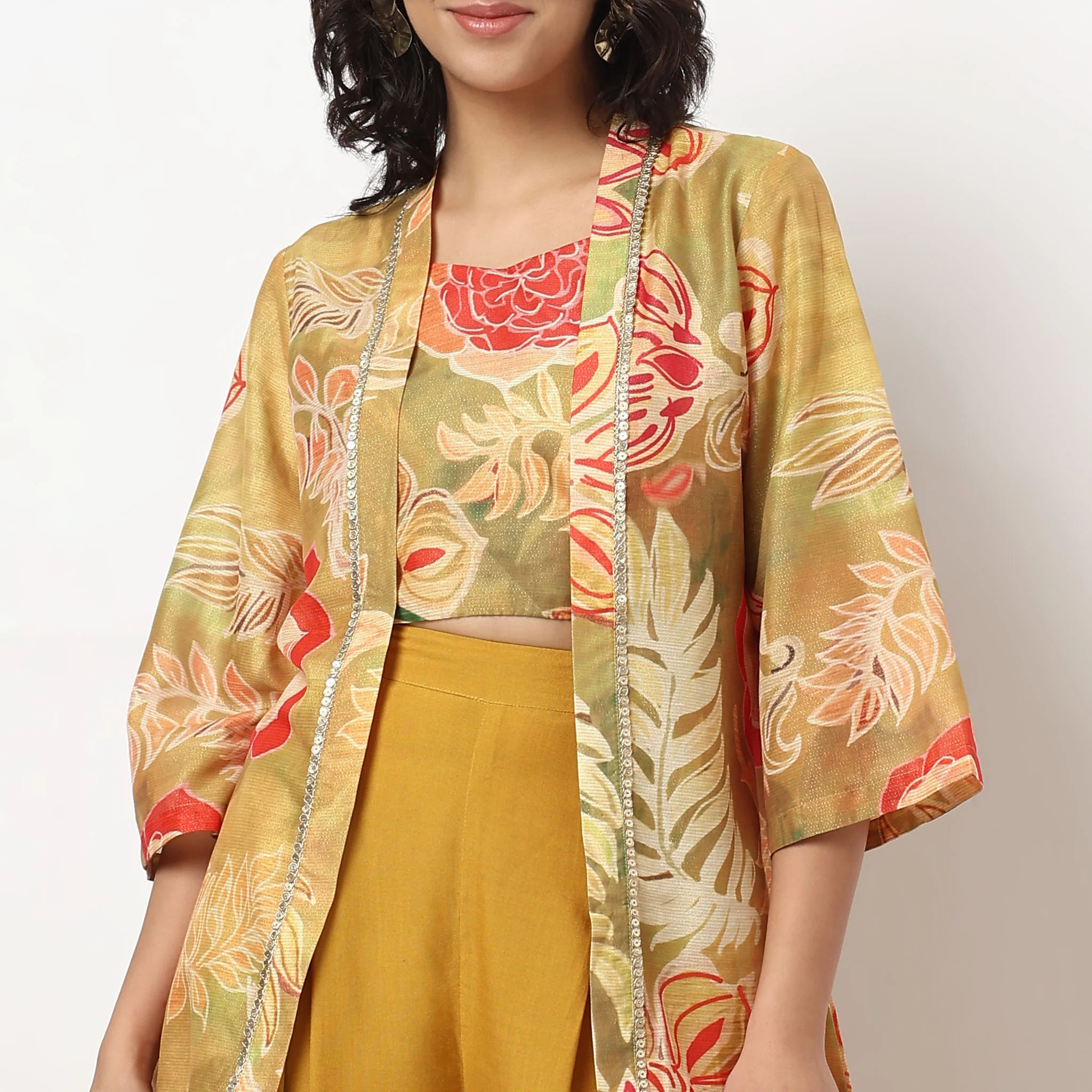 Printed High Low Shrug with Strappy Crop Top and Palazzo Set - Image 4