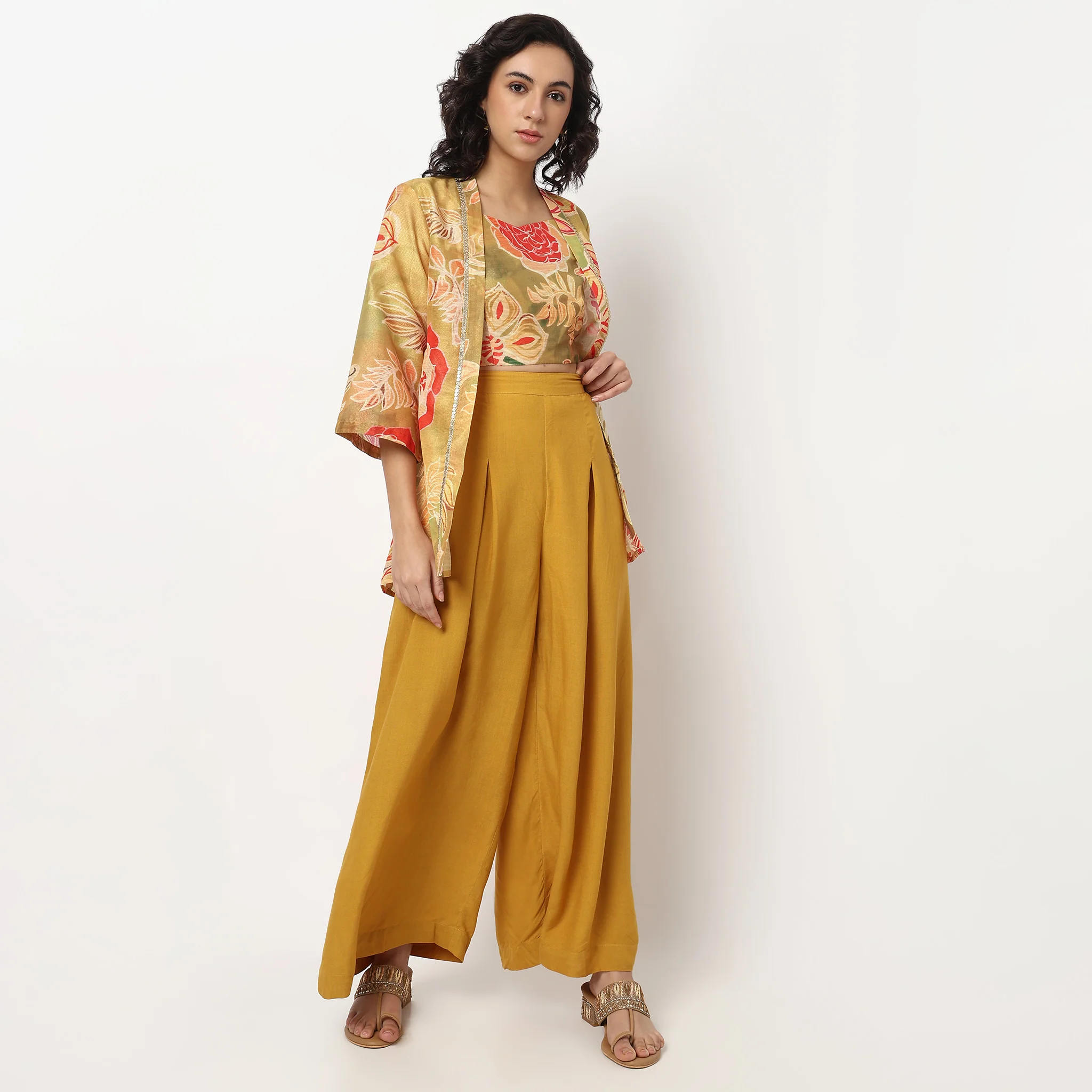 Printed High Low Shrug with Strappy Crop Top and Palazzo Set - Image 5