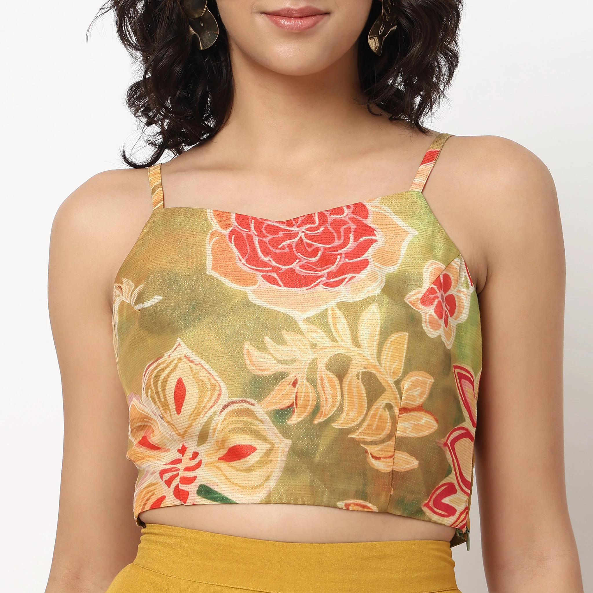 Printed High Low Shrug with Strappy Crop Top and Palazzo Set - Image 6