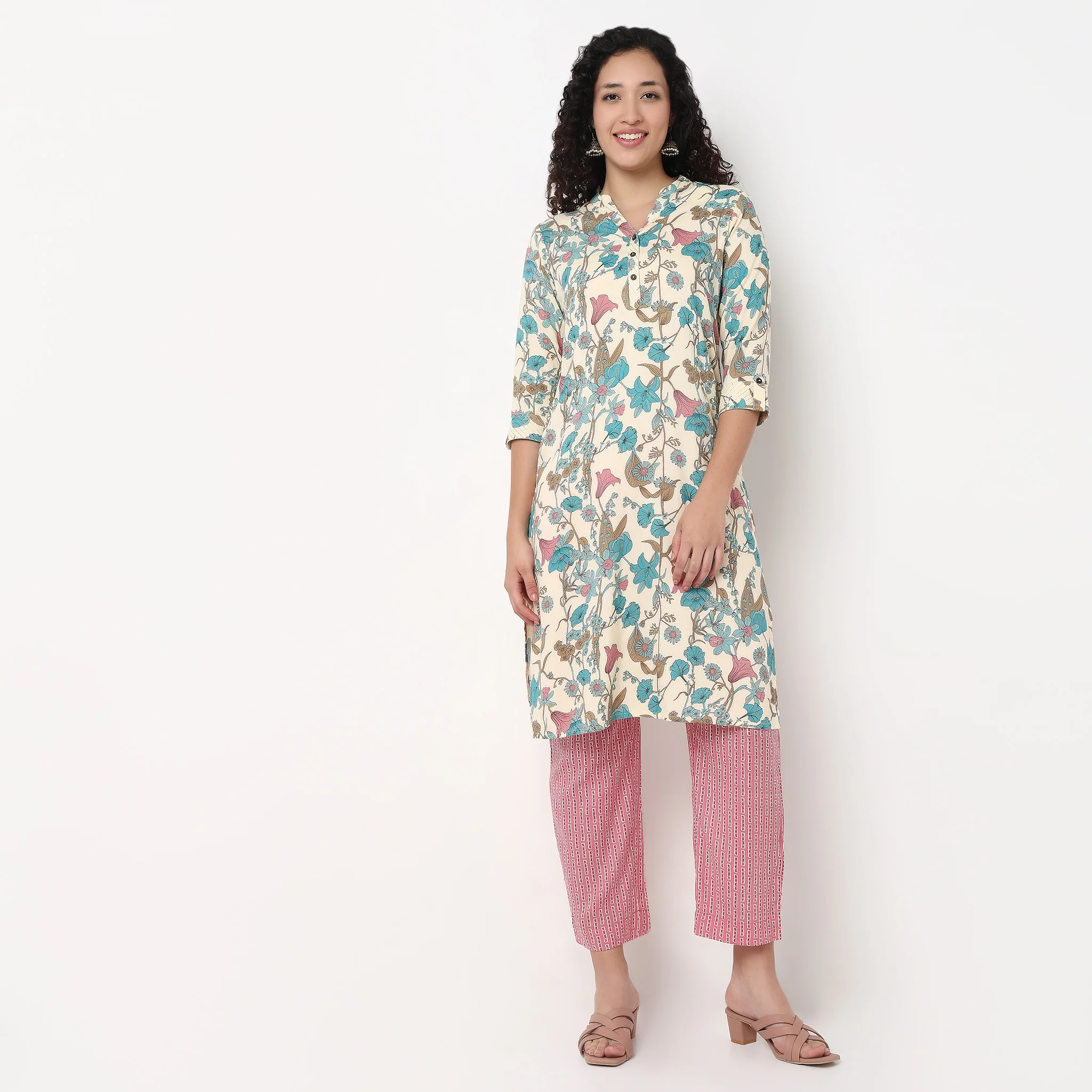 Printed Half Placket Straight Long Kurta - Image 2