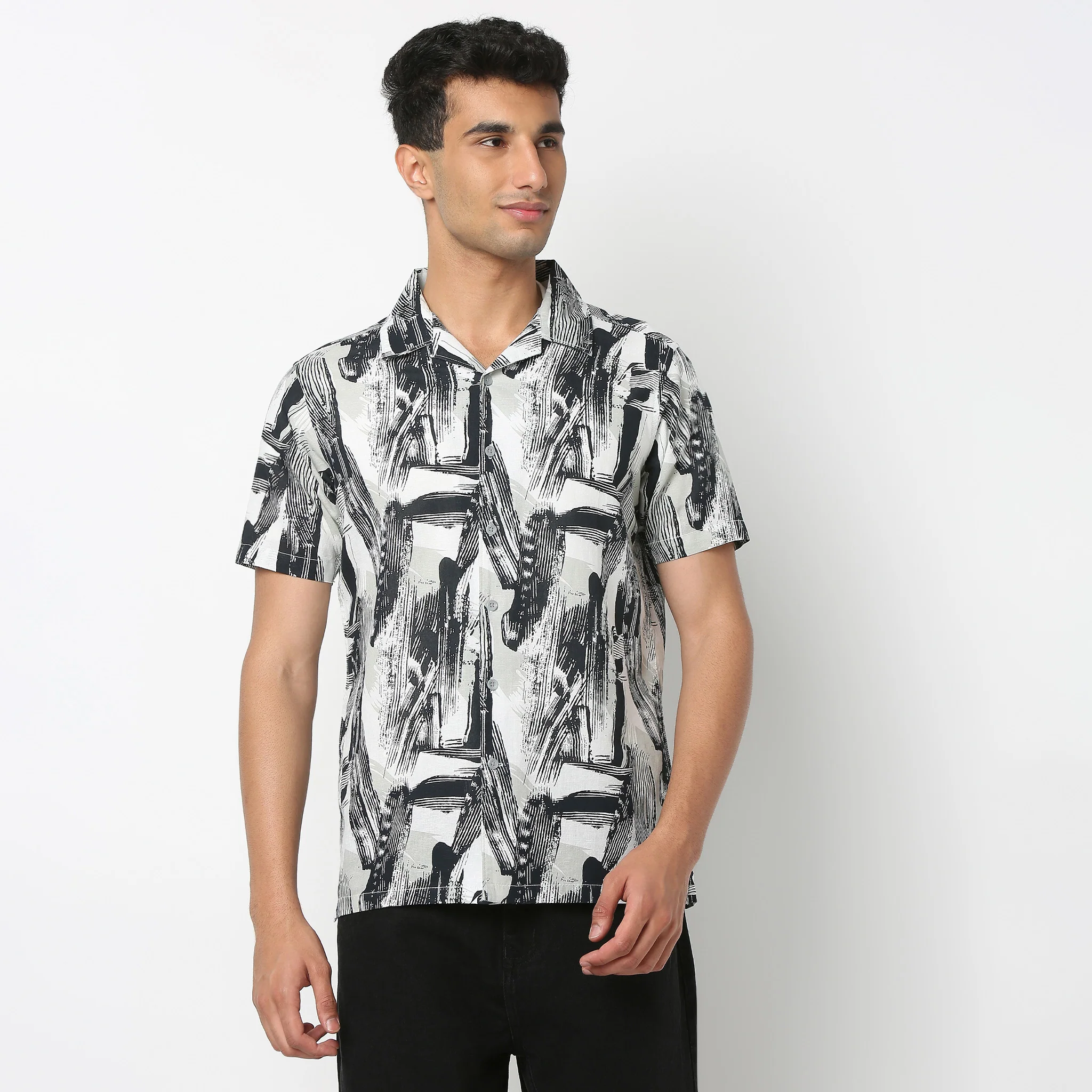 LininįµĖ£ - Linen Enriched Fine Natural Blend Shirts Printed Half Sleeve Camp Collar - Image 3