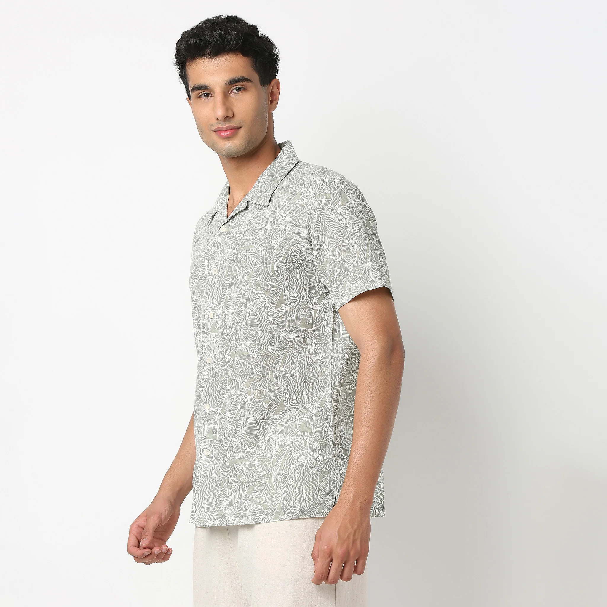 LininįµĖ£ - Linen Enriched Fine Natural Blend Shirts Printed Half Sleeve Camp Collar