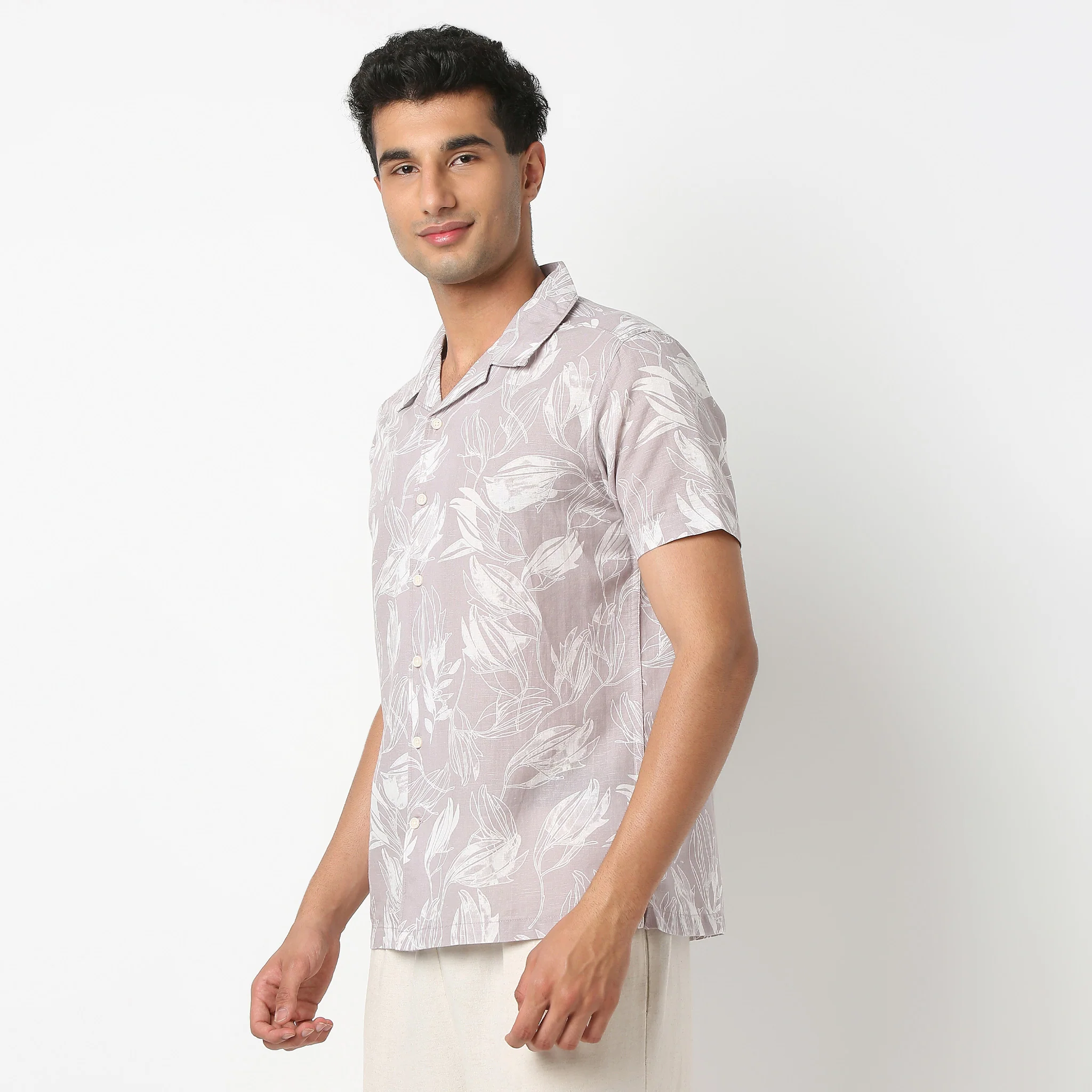 LininįµĖ£ - Linen Enriched Fine Natural Blend Shirts Printed Half Sleeve Camp Collar