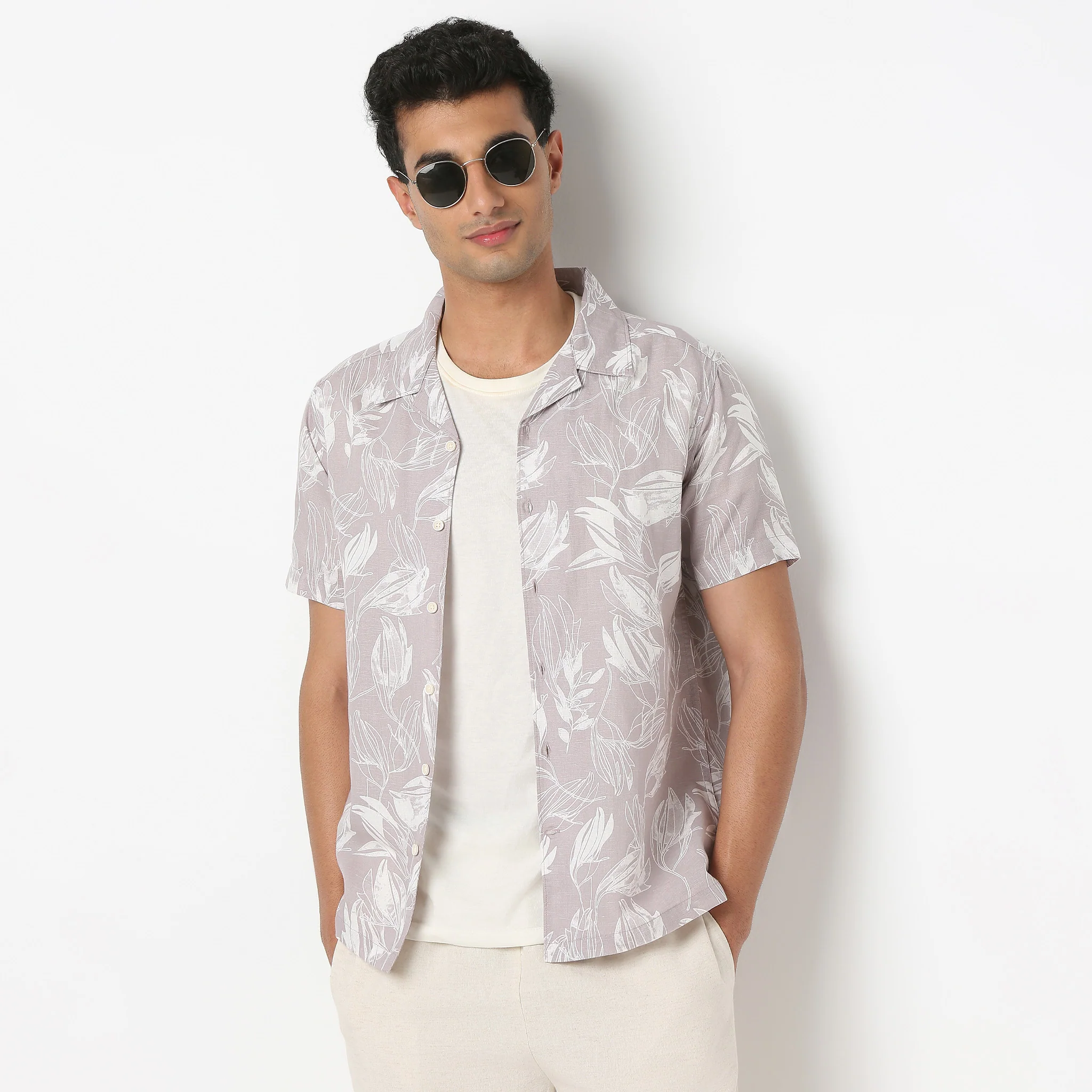 LininįµĖ£ - Linen Enriched Fine Natural Blend Shirts Printed Half Sleeve Camp Collar - Image 2