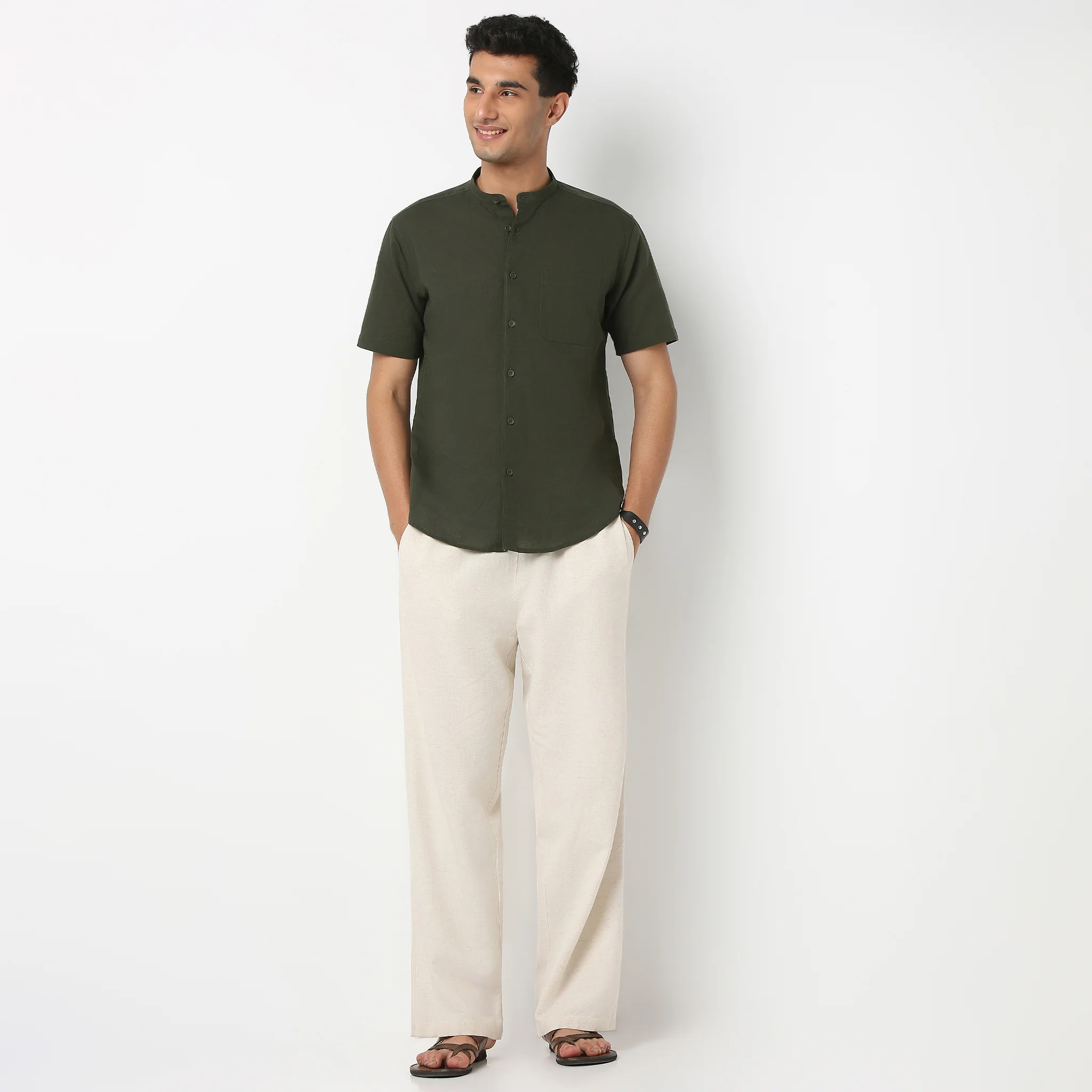 LininįµĖ£ - Linen Enriched Fine Natural Blend Shirt Half Sleeve Band Collar - Image 11