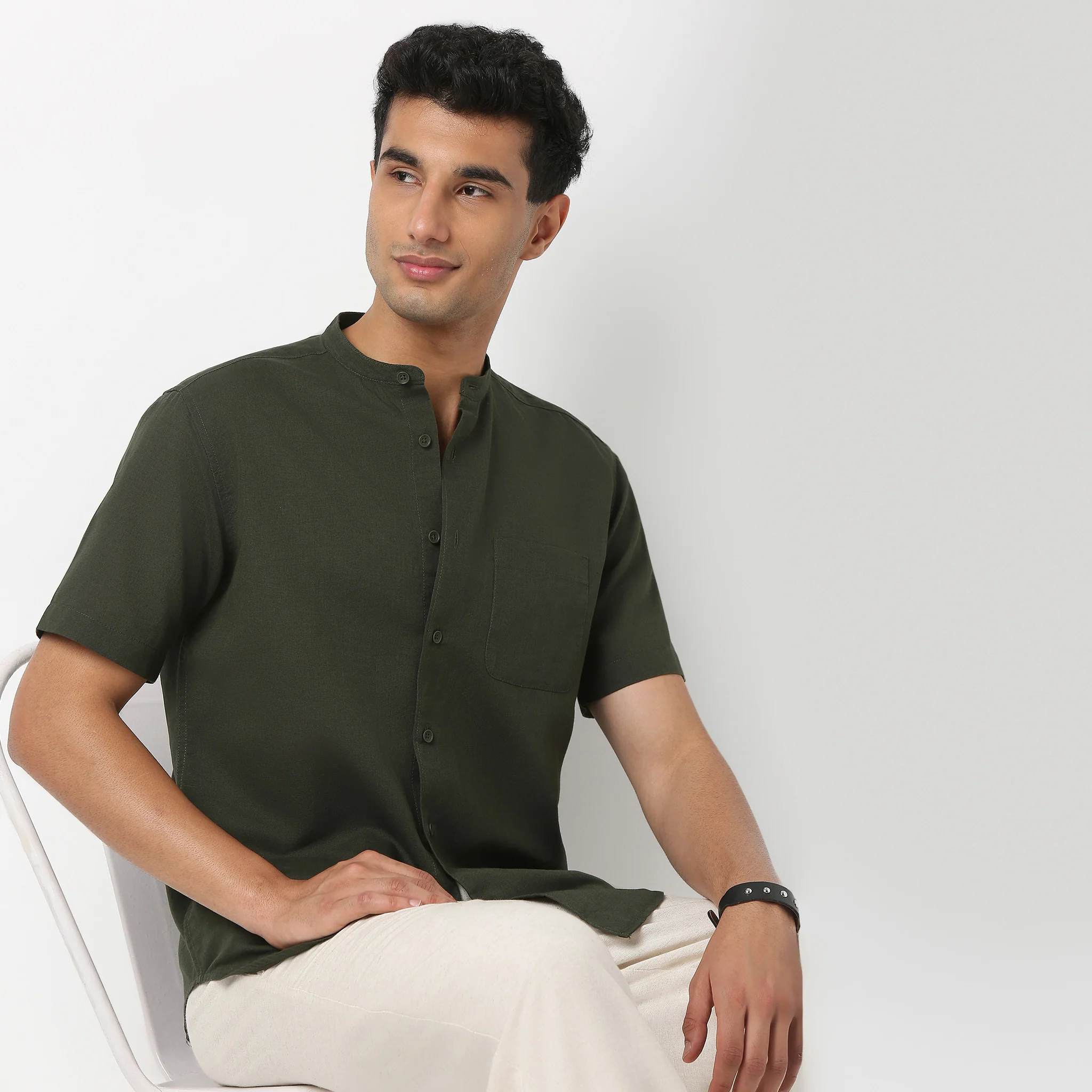 LininįµĖ£ - Linen Enriched Fine Natural Blend Shirt Half Sleeve Band Collar - Image 12