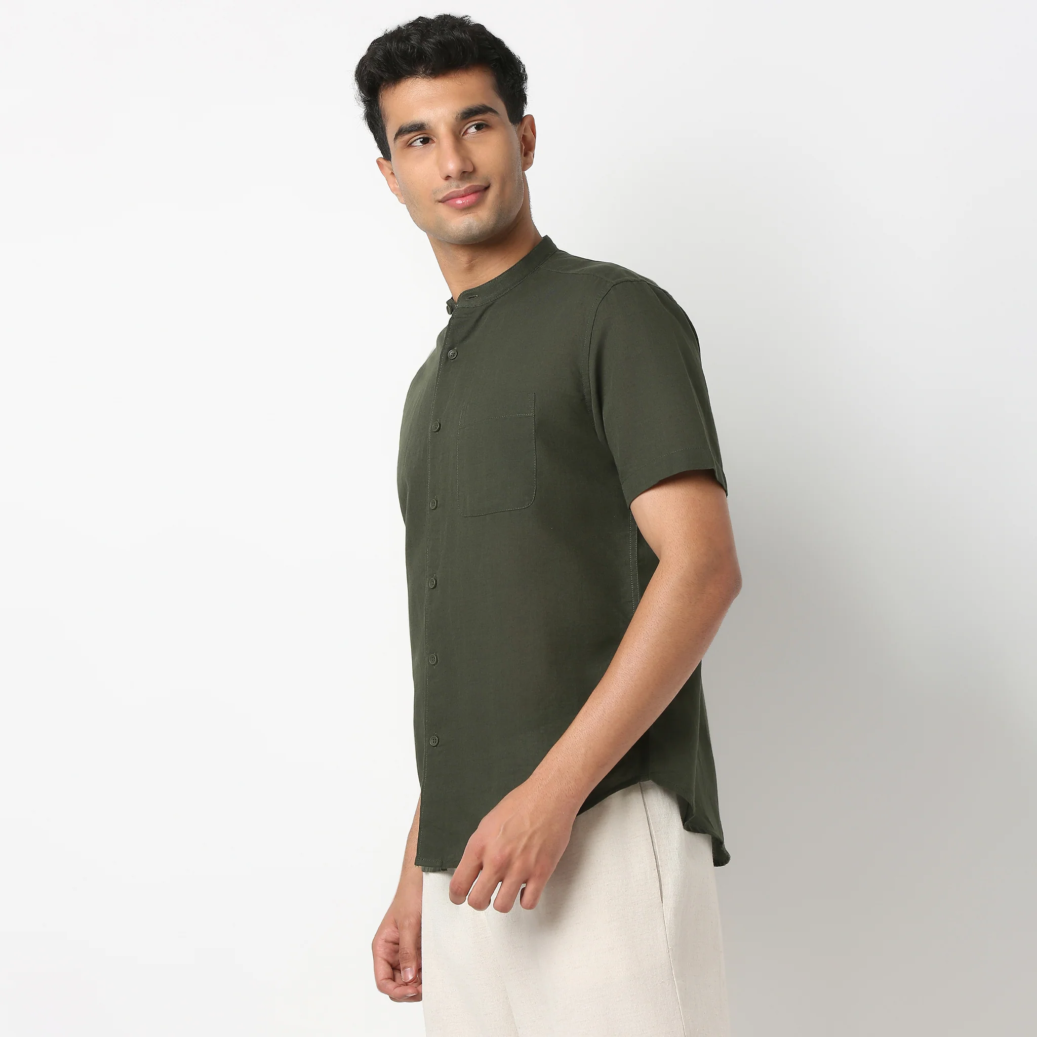LininįµĖ£ - Linen Enriched Fine Natural Blend Shirt Half Sleeve Band Collar - Image 14