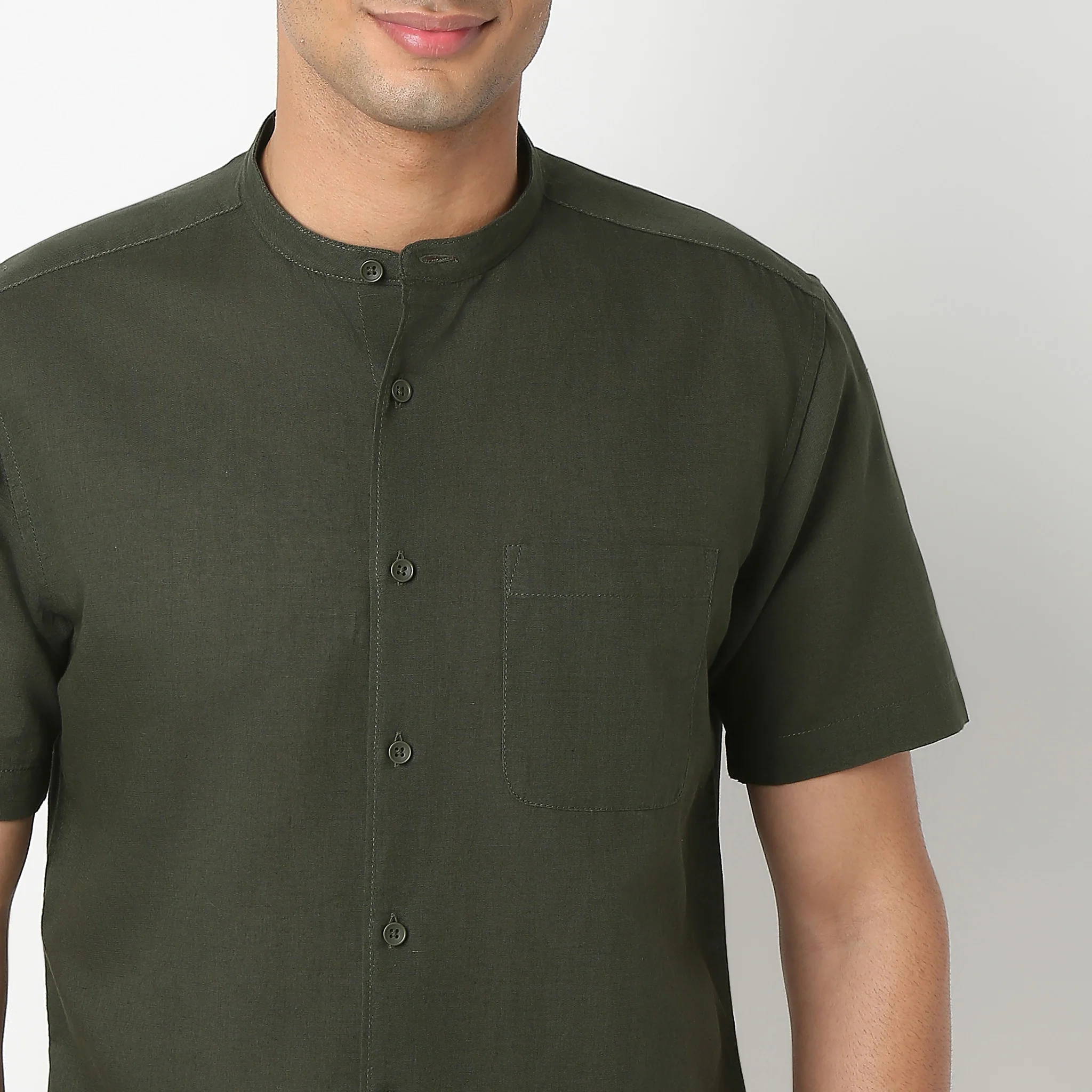 LininįµĖ£ - Linen Enriched Fine Natural Blend Shirt Half Sleeve Band Collar - Image 15