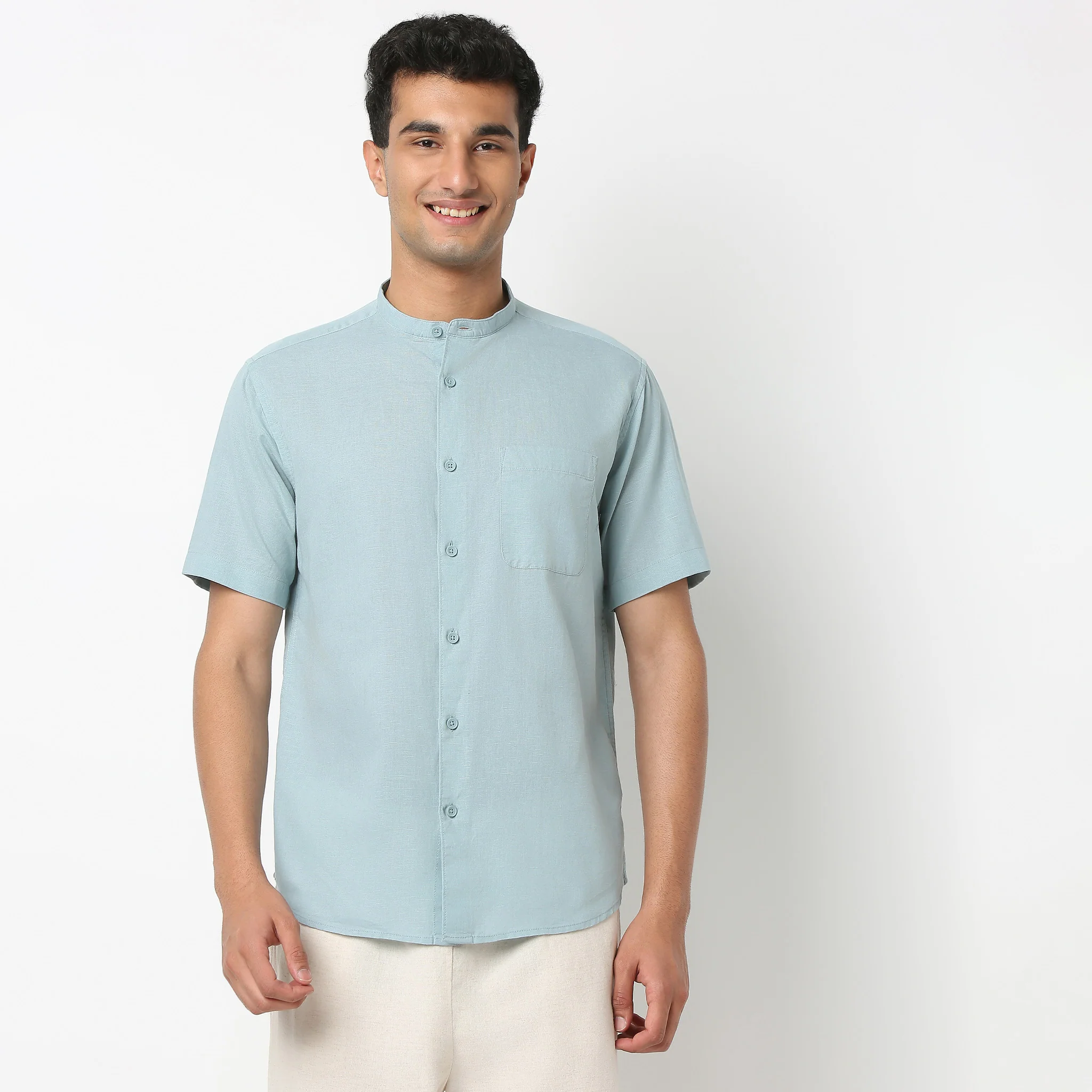 LininįµĖ£ - Linen Enriched Fine Natural Blend Shirt Half Sleeve Band Collar - Image 17