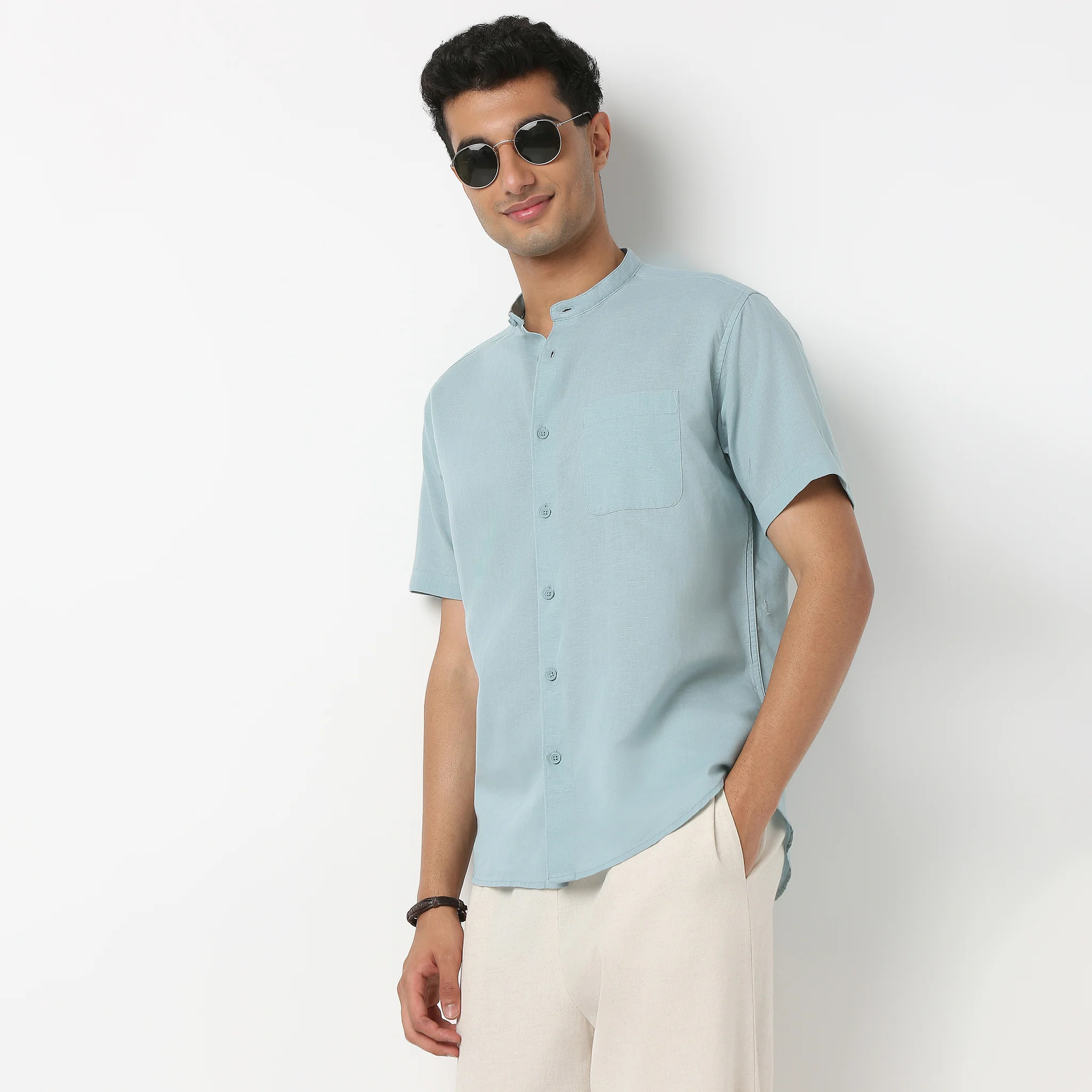 LininįµĖ£ - Linen Enriched Fine Natural Blend Shirt Half Sleeve Band Collar - Image 19