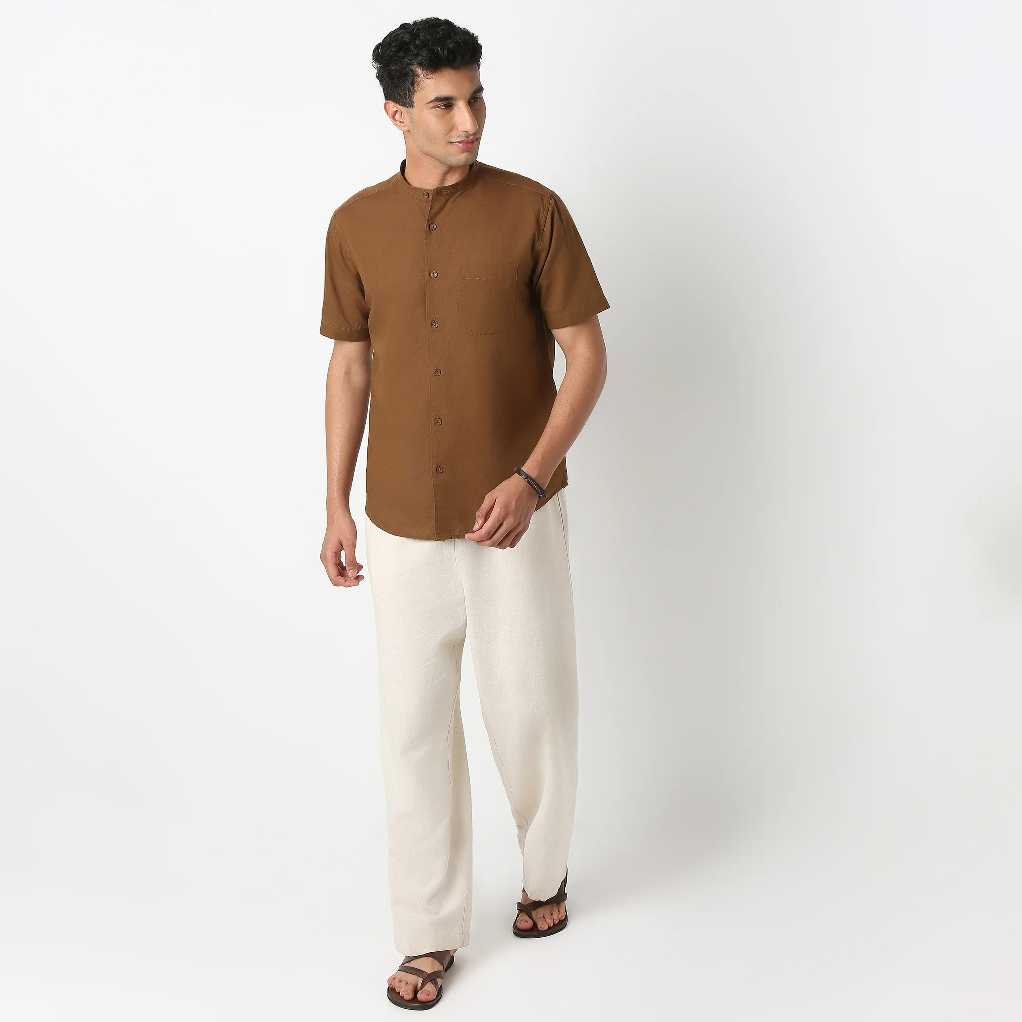 LininįµĖ£ - Linen Enriched Fine Natural Blend Shirt Half Sleeve Band Collar - Image 21