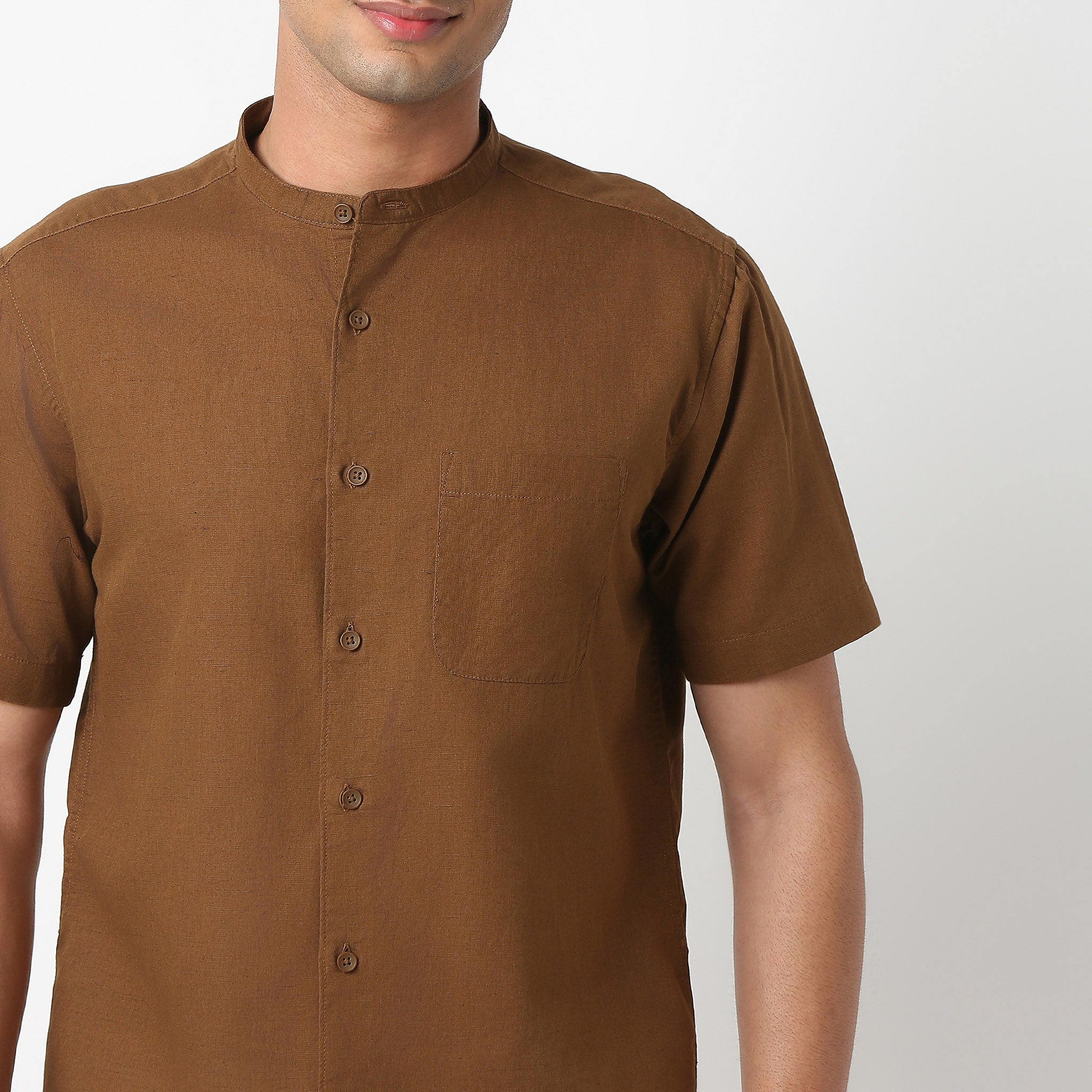 LininįµĖ£ - Linen Enriched Fine Natural Blend Shirt Half Sleeve Band Collar - Image 25