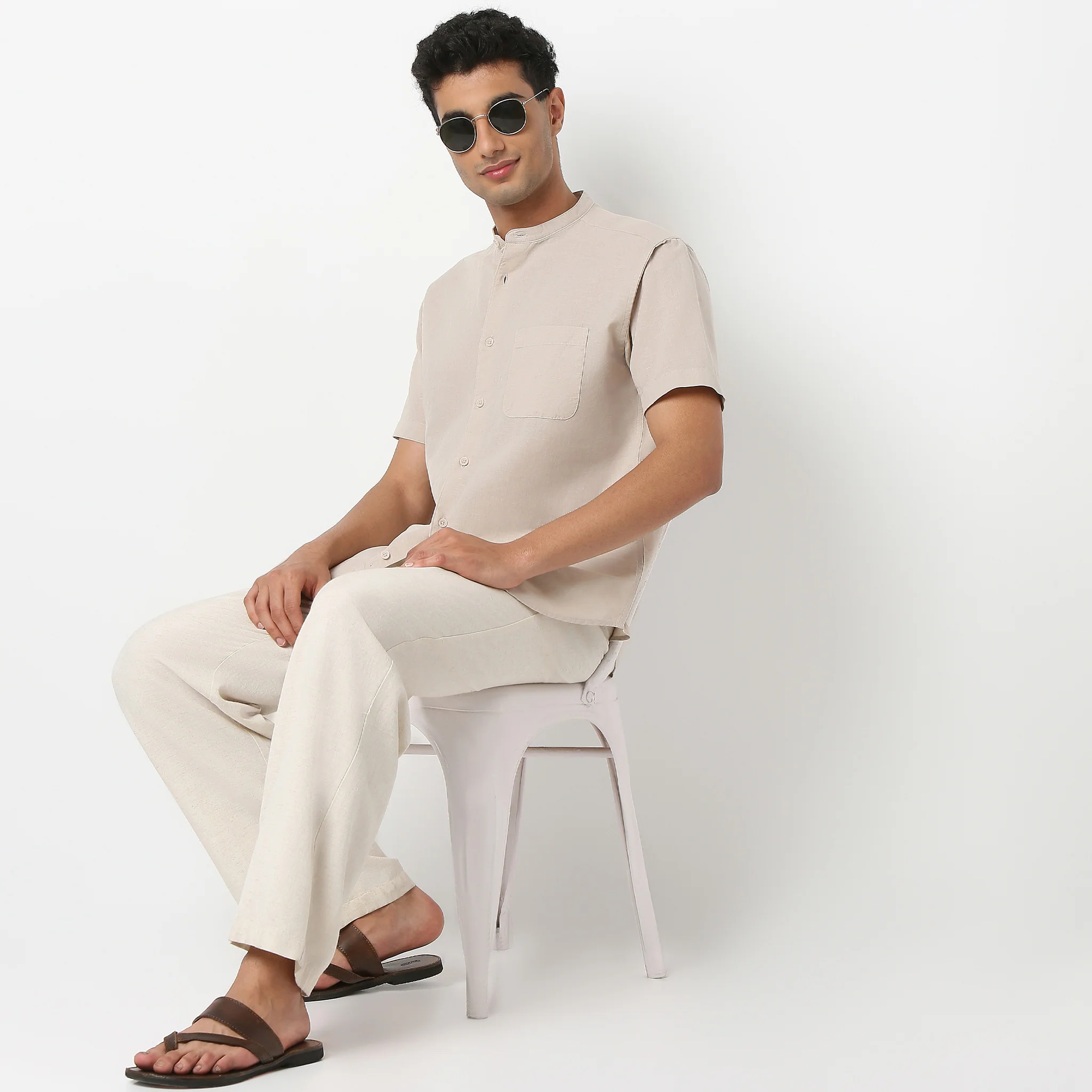 LininįµĖ£ - Linen Enriched Fine Natural Blend Shirt Half Sleeve Band Collar - Image 26