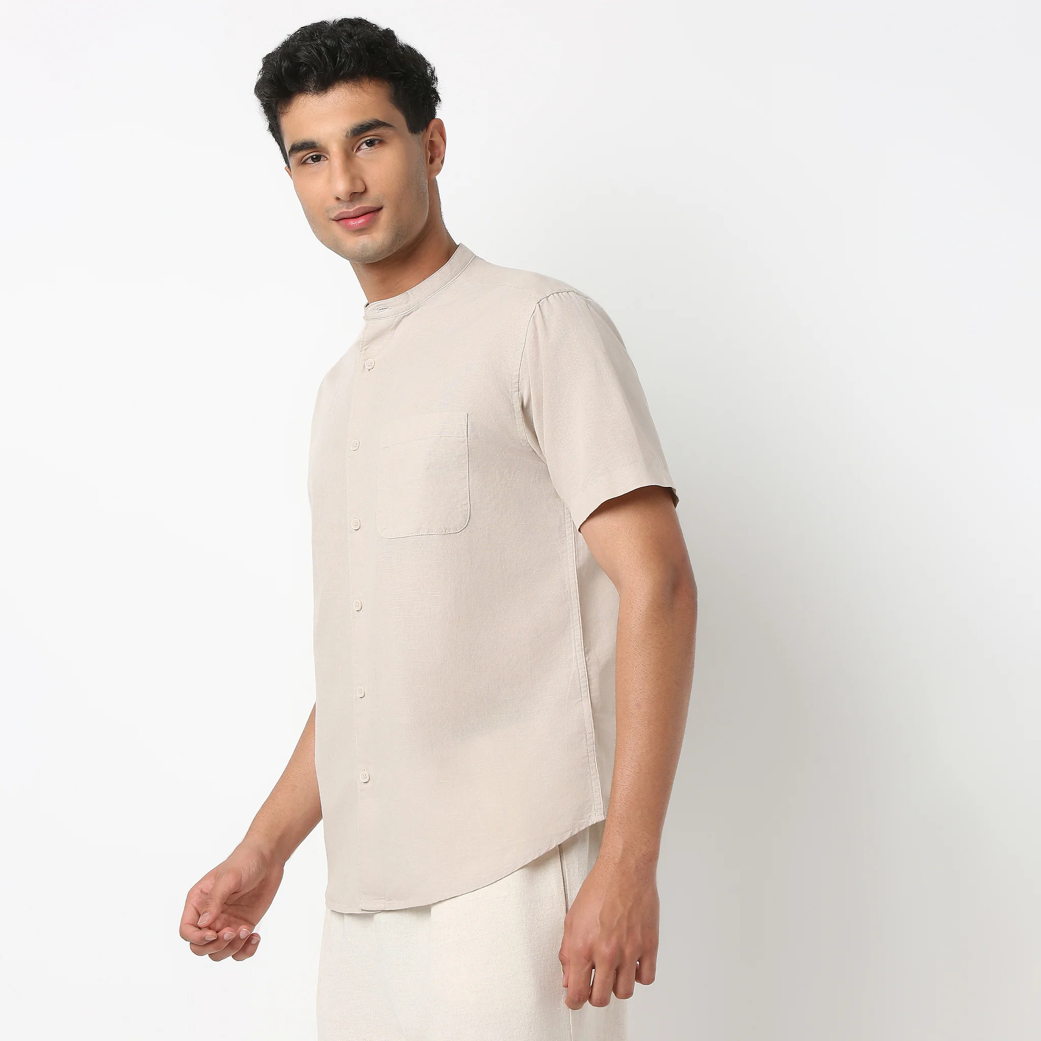 LininįµĖ£ - Linen Enriched Fine Natural Blend Shirt Half Sleeve Band Collar - Image 29