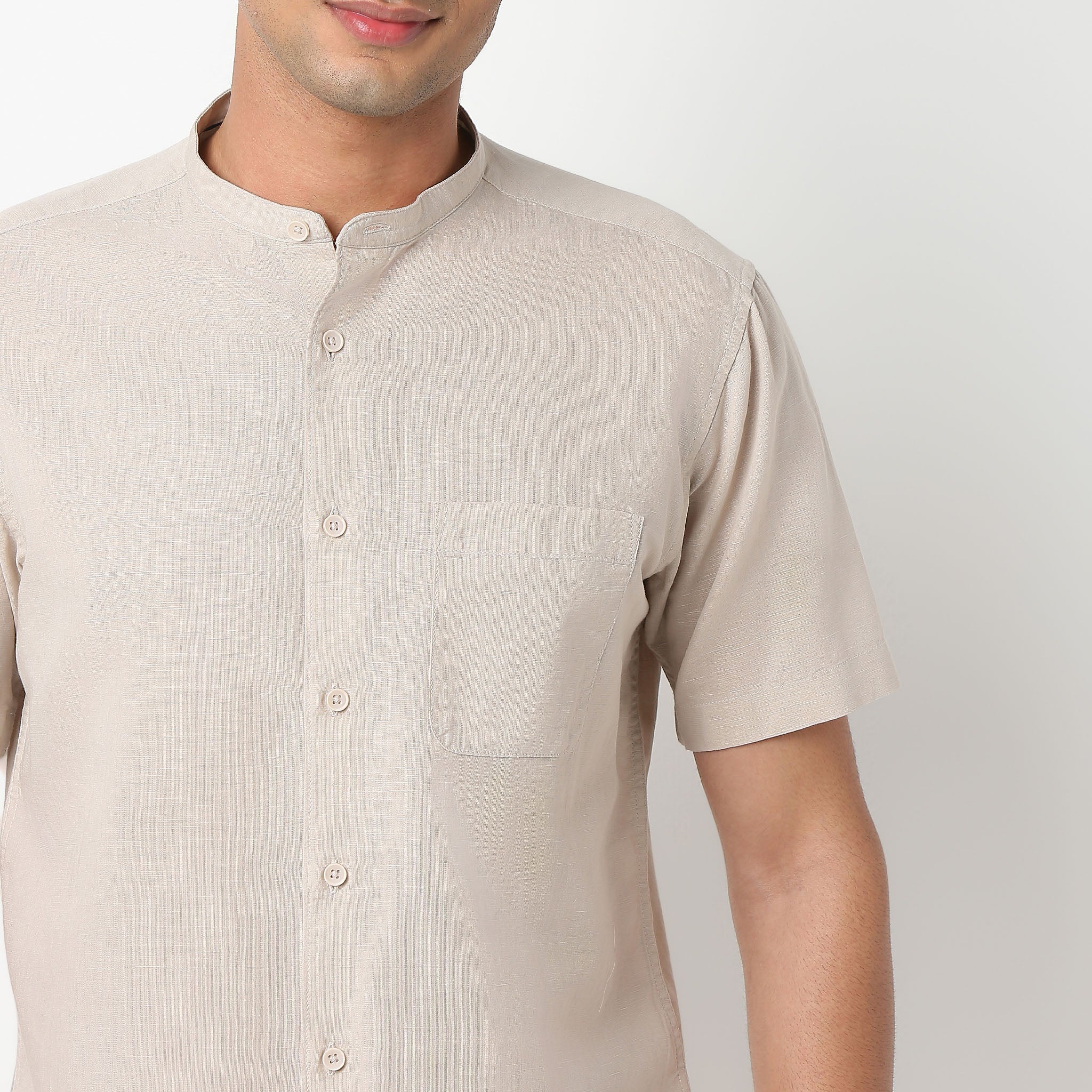 LininįµĖ£ - Linen Enriched Fine Natural Blend Shirt Half Sleeve Band Collar - Image 30