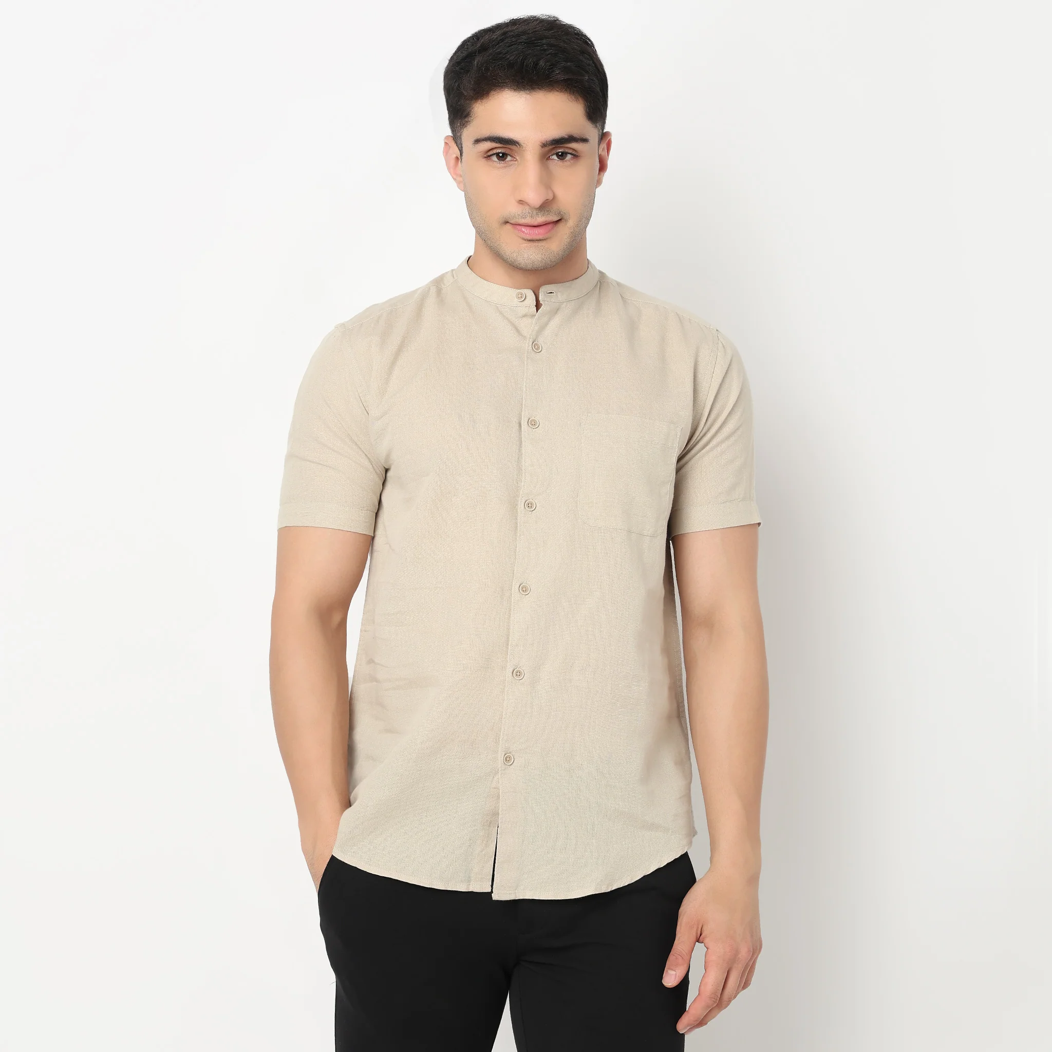 LininįµĖ£ - Linen Enriched Fine Natural Blend Shirt Half Sleeve Band Collar - Image 32