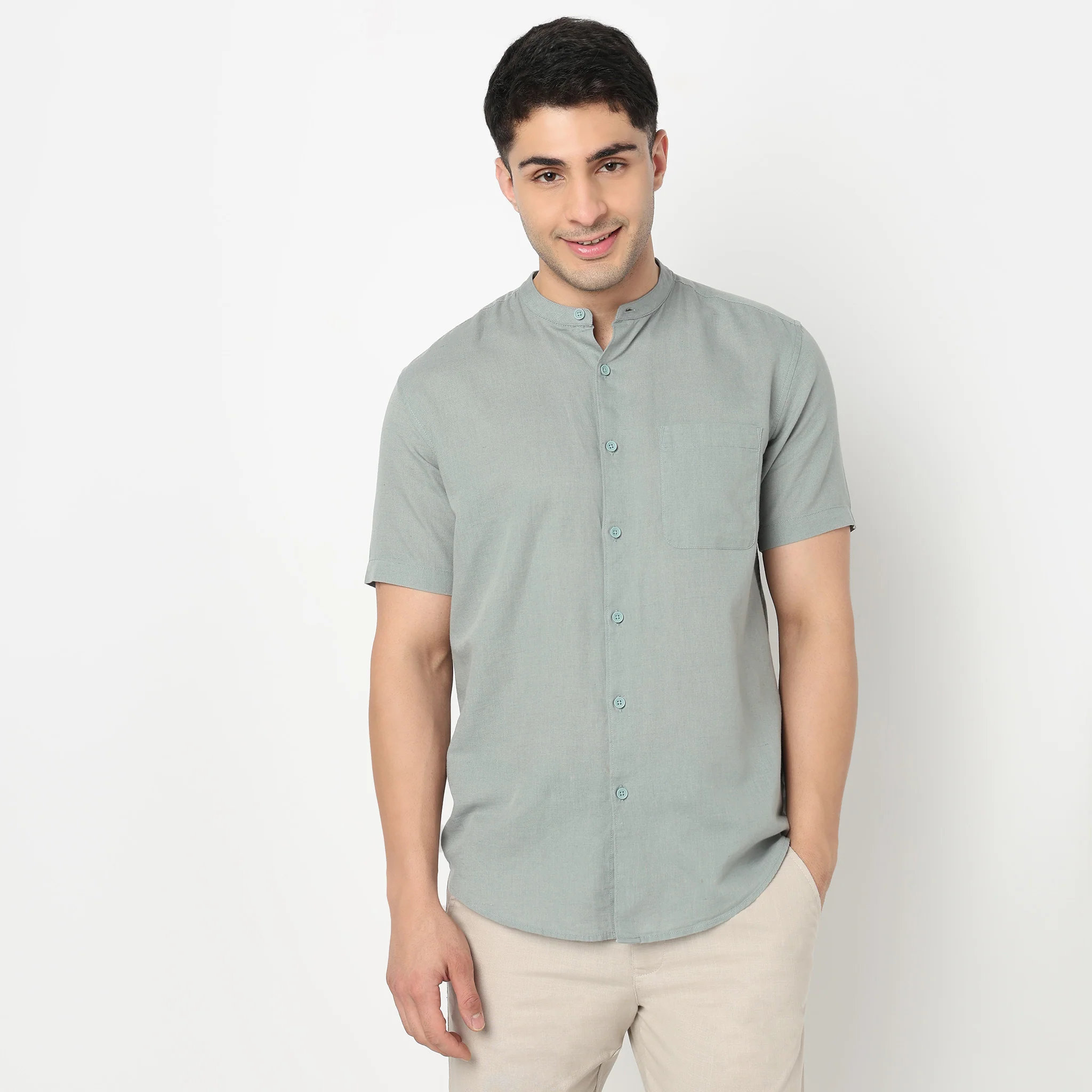 LininįµĖ£ - Linen Enriched Fine Natural Blend Shirt Half Sleeve Band Collar - Image 37
